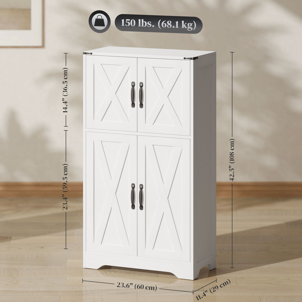 Farmhouse Kitchen Pantry Cabinet - White Barn Door 42.5" H-Home Furnishings > Storage & Organization > Kitchen Pantry Cabinets-DECOROLALA