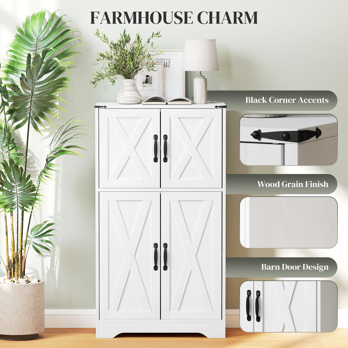 Farmhouse Kitchen Pantry Cabinet - White Barn Door 42.5" H-Home Furnishings > Storage & Organization > Kitchen Pantry Cabinets-DECOROLALA