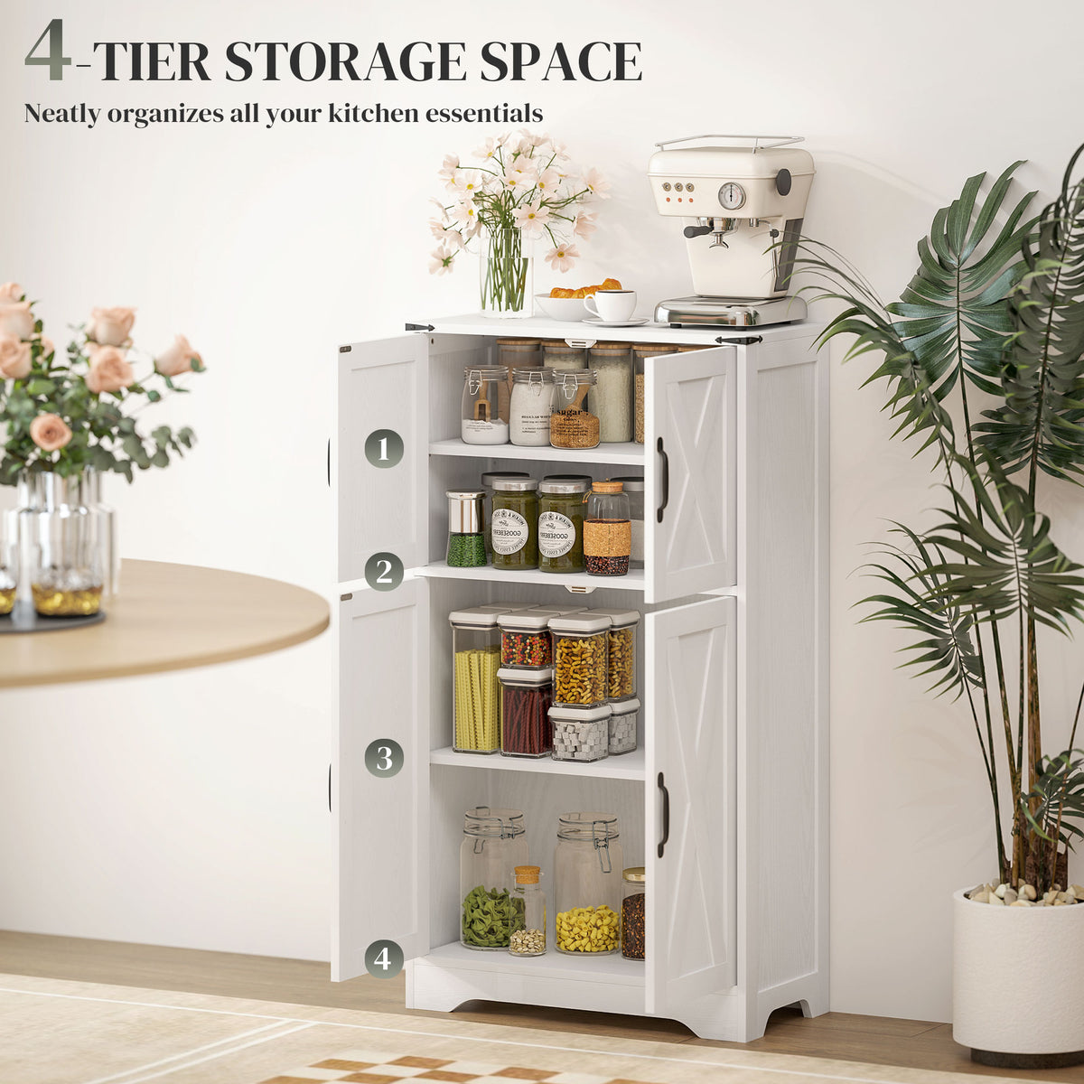 Farmhouse Kitchen Pantry Cabinet - White Barn Door 42.5" H-Home Furnishings > Storage & Organization > Kitchen Pantry Cabinets-DECOROLALA