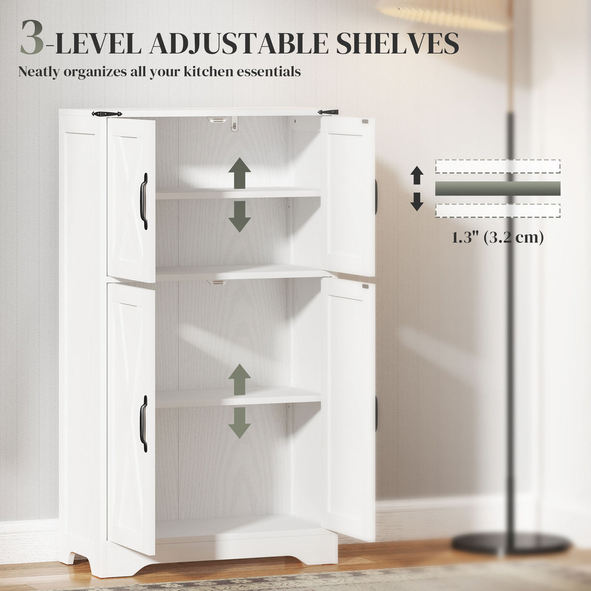 Farmhouse Kitchen Pantry Cabinet - White Barn Door 42.5" H-Home Furnishings > Storage & Organization > Kitchen Pantry Cabinets-DECOROLALA