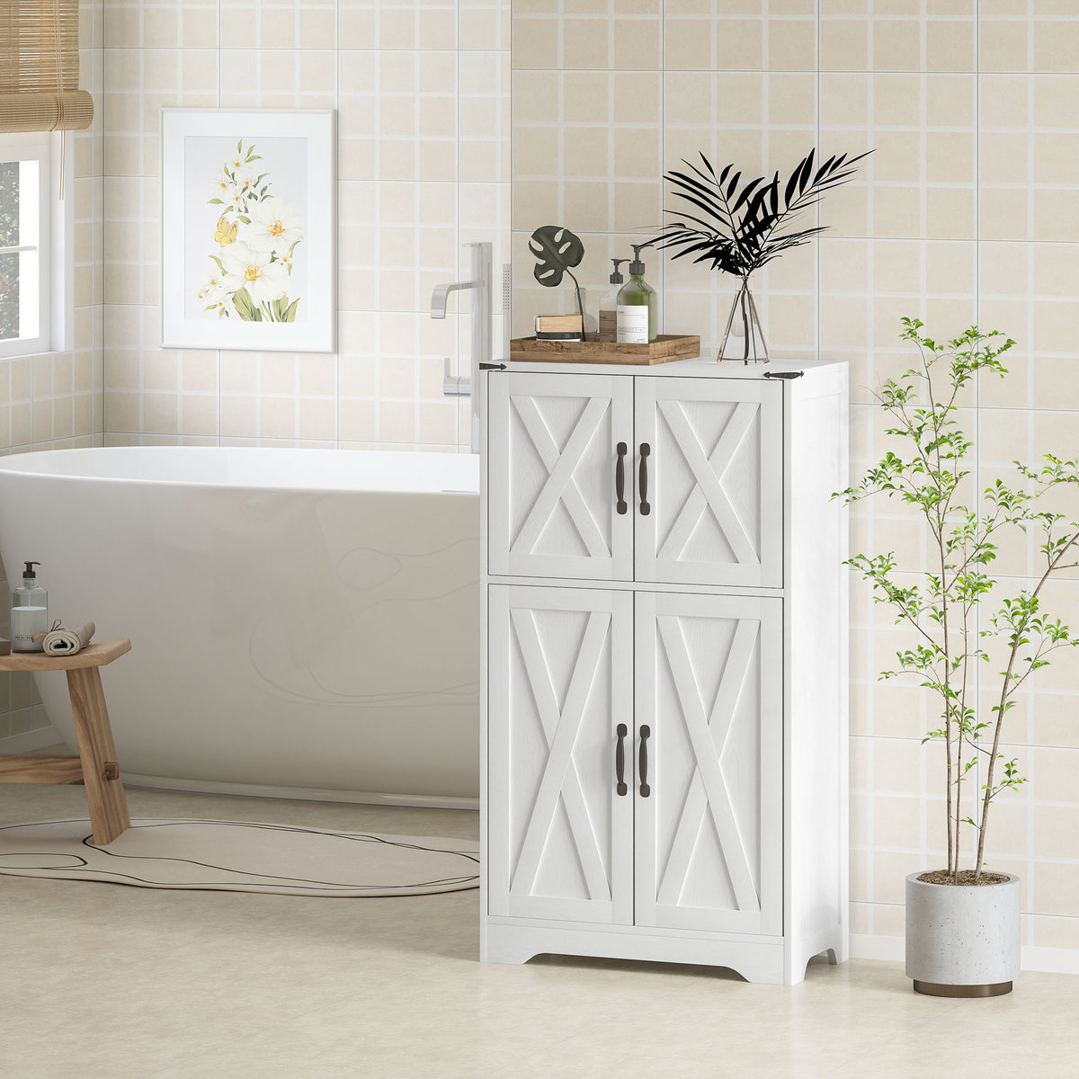 Farmhouse Kitchen Pantry Cabinet - White Barn Door 42.5" H-Home Furnishings > Storage & Organization > Kitchen Pantry Cabinets-DECOROLALA