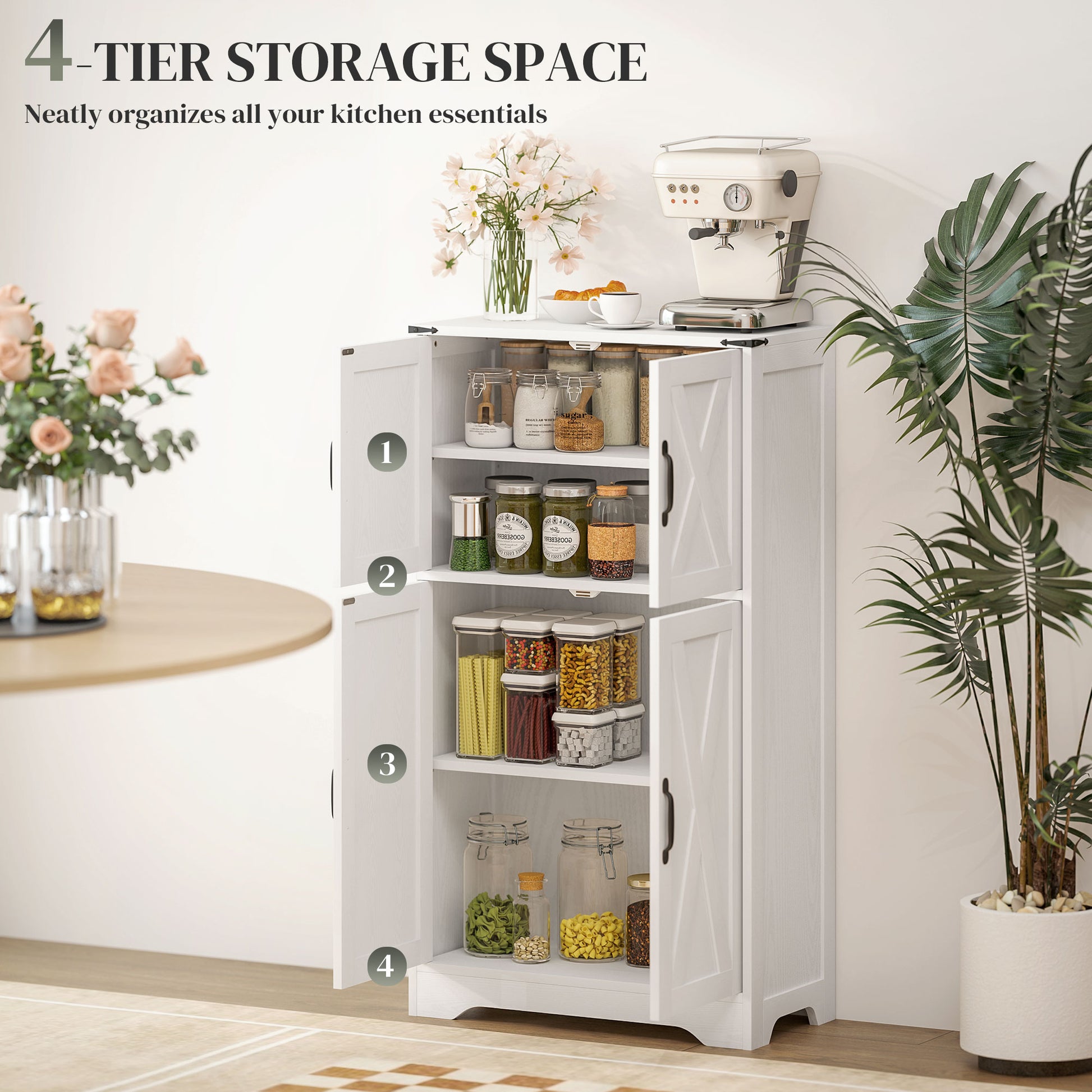 Farmhouse Kitchen Pantry, Freestanding Kitchen Pantry Storage Cabinet with Barn Doors and Adjustable Shelves, White-Home Furnishings > Storage & Organization > Kitchen Pantry Cabinets-DECOROLALA