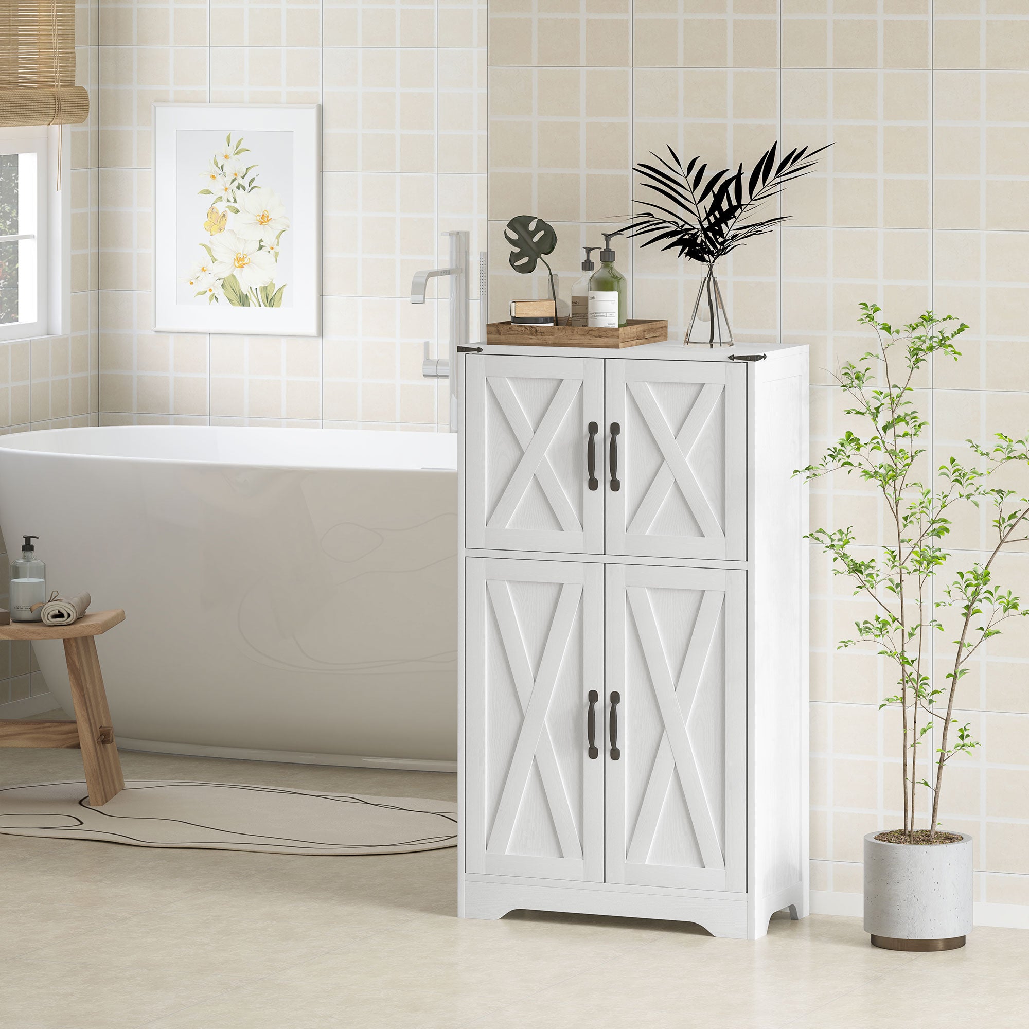 Farmhouse Kitchen Pantry, Freestanding Kitchen Pantry Storage Cabinet with Barn Doors and Adjustable Shelves, White-Home Furnishings > Storage & Organization > Kitchen Pantry Cabinets-DECOROLALA