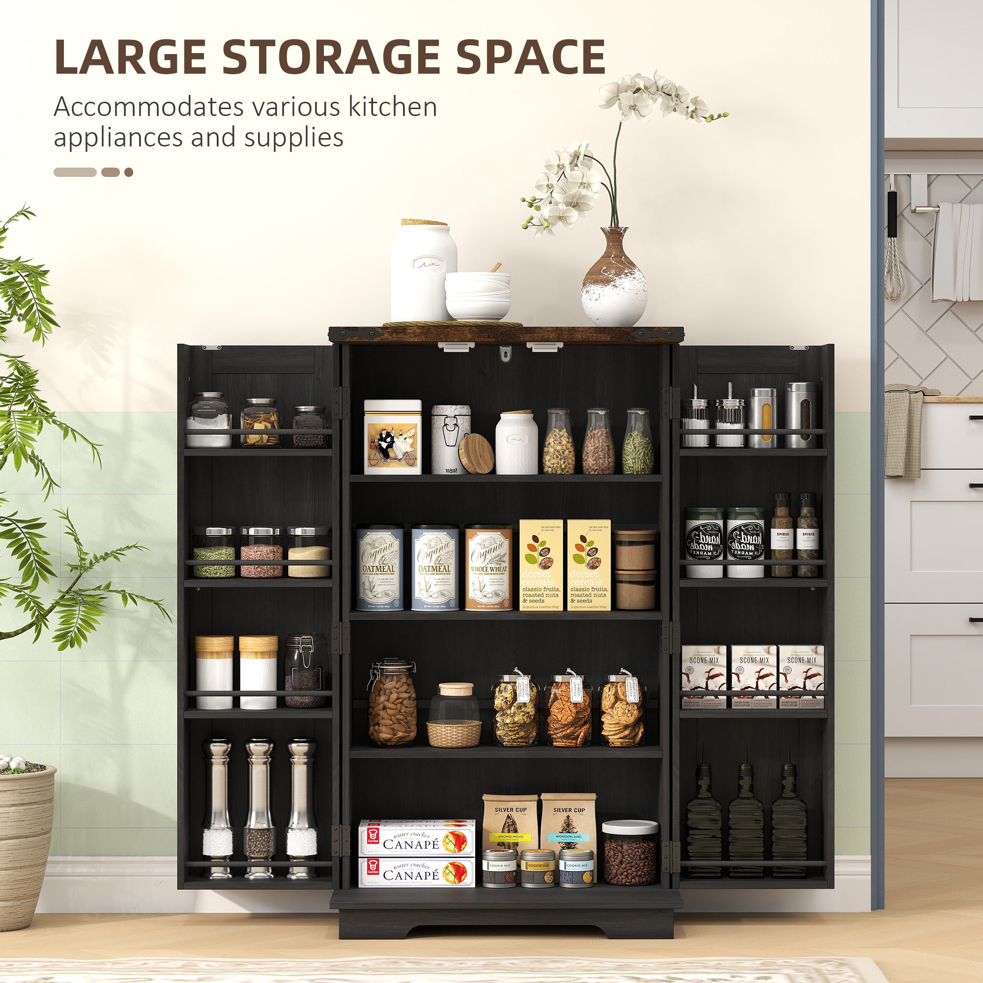 Farmhouse Kitchen Pantry Storage Cabinet, Kitchen Pantry Cabinet with Doors and Adjustable Shelves, Black-Home Furnishings > Storage & Organization > Kitchen Pantry Cabinets-DECOROLALA
