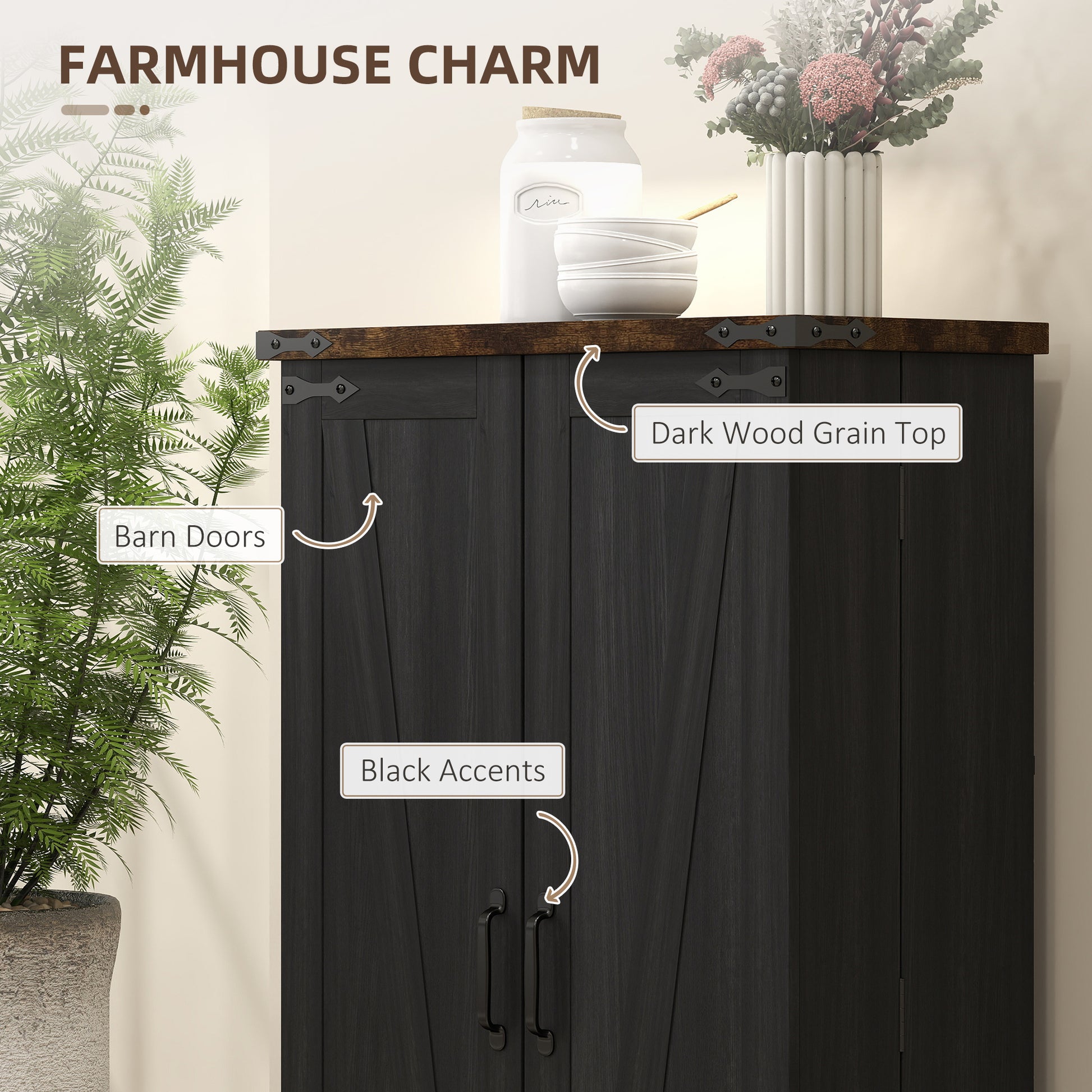 Farmhouse Kitchen Pantry Storage Cabinet, Kitchen Pantry Cabinet with Doors and Adjustable Shelves, Black-Home Furnishings > Storage & Organization > Kitchen Pantry Cabinets-DECOROLALA