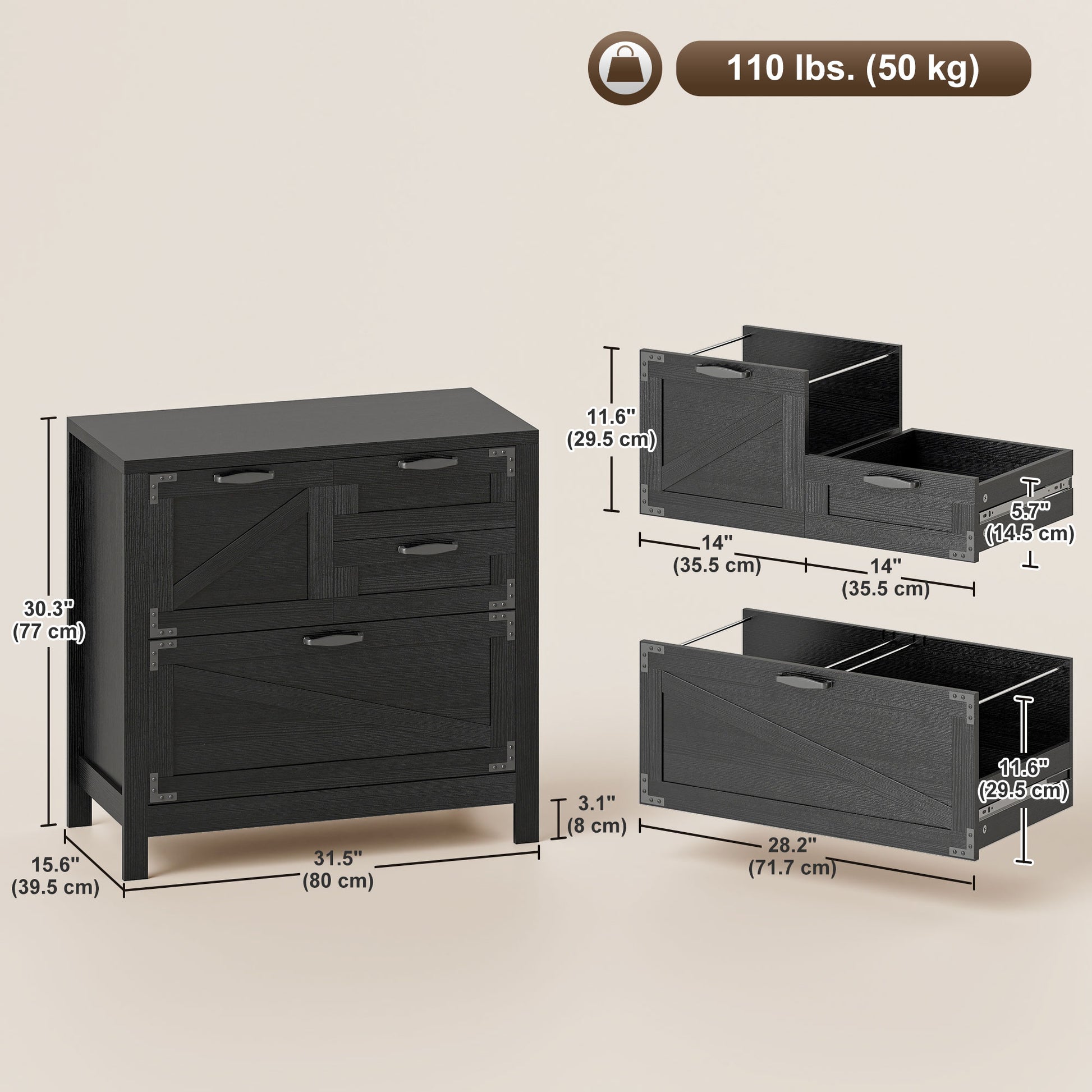 Farmhouse Lateral Filing Cabinet - 4 Drawers Black Wood Grain-DECOROLALA