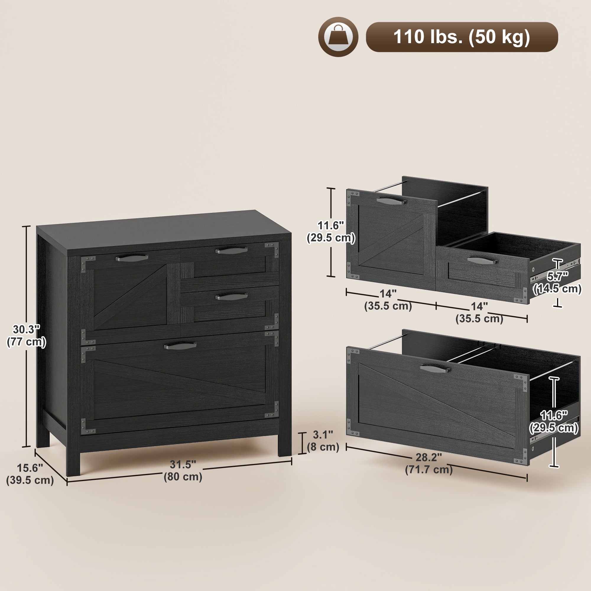 Farmhouse Lateral Filing Cabinet - 4 Drawers Black Wood Grain-DECOROLALA