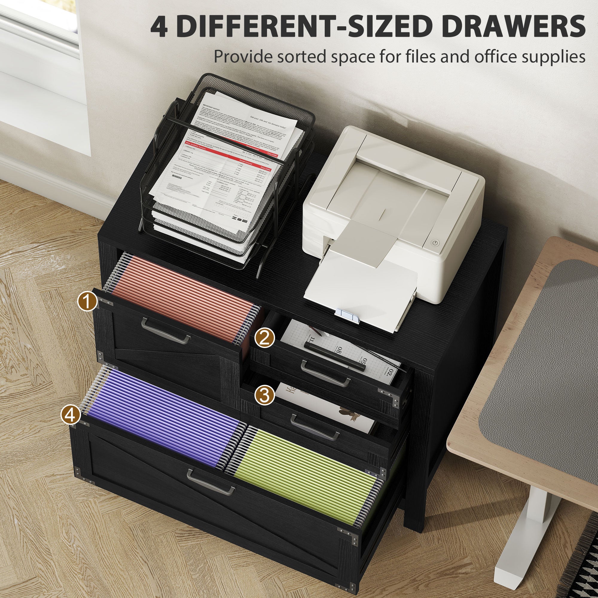 Farmhouse Lateral Filing Cabinet - 4 Drawers Black Wood Grain-DECOROLALA