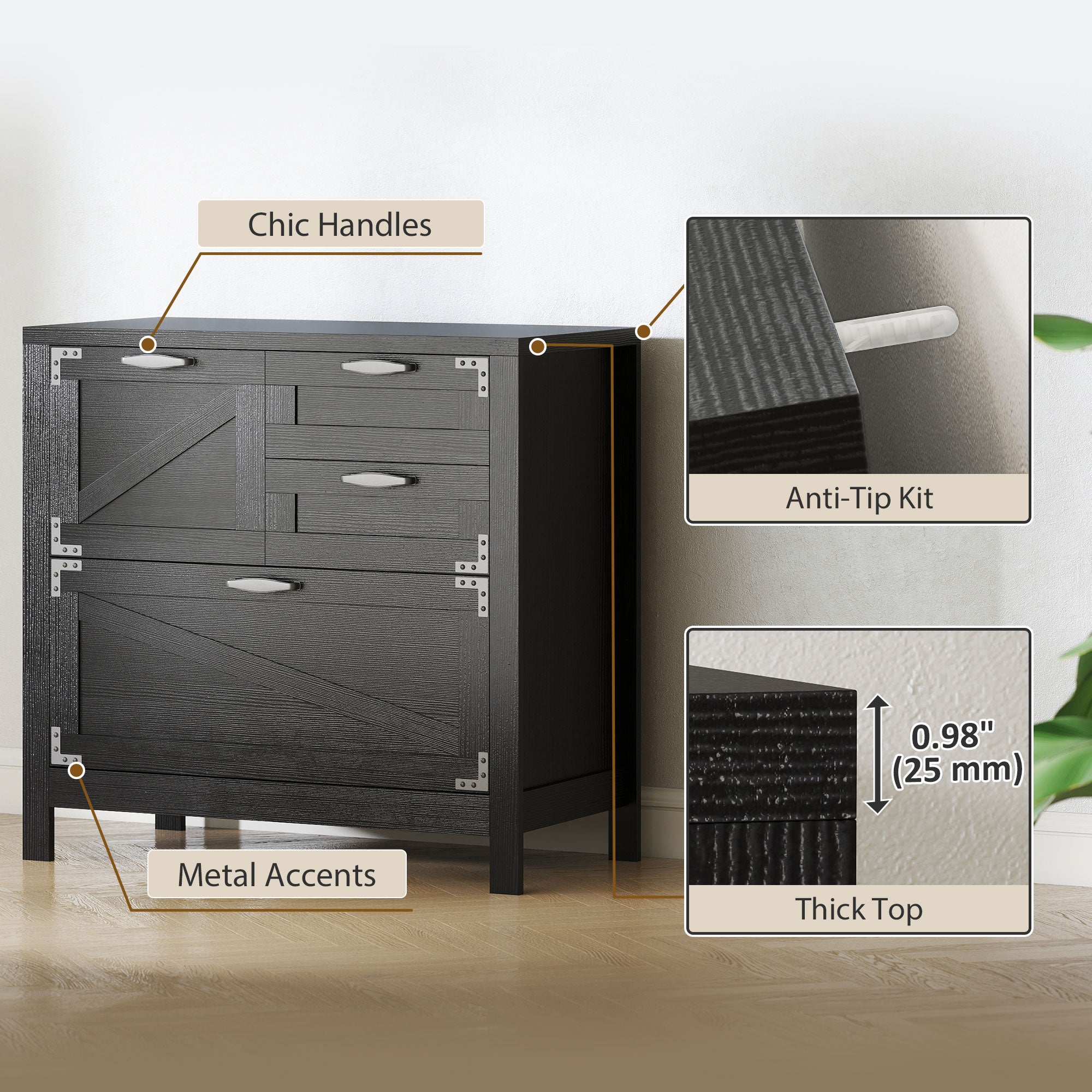 Farmhouse Lateral Filing Cabinet - 4 Drawers Black Wood Grain-DECOROLALA