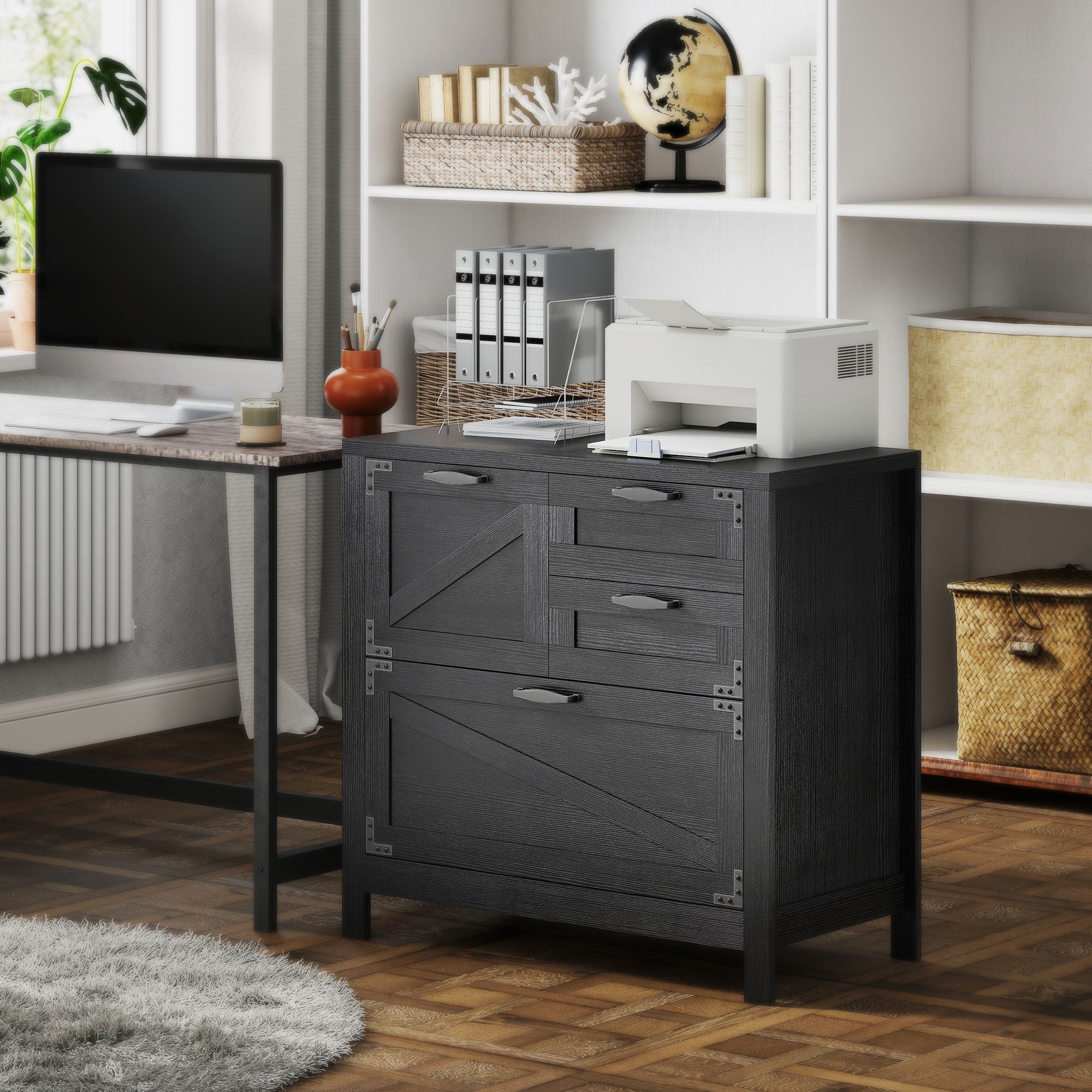 Farmhouse Lateral Filing Cabinet - 4 Drawers Black Wood Grain-DECOROLALA