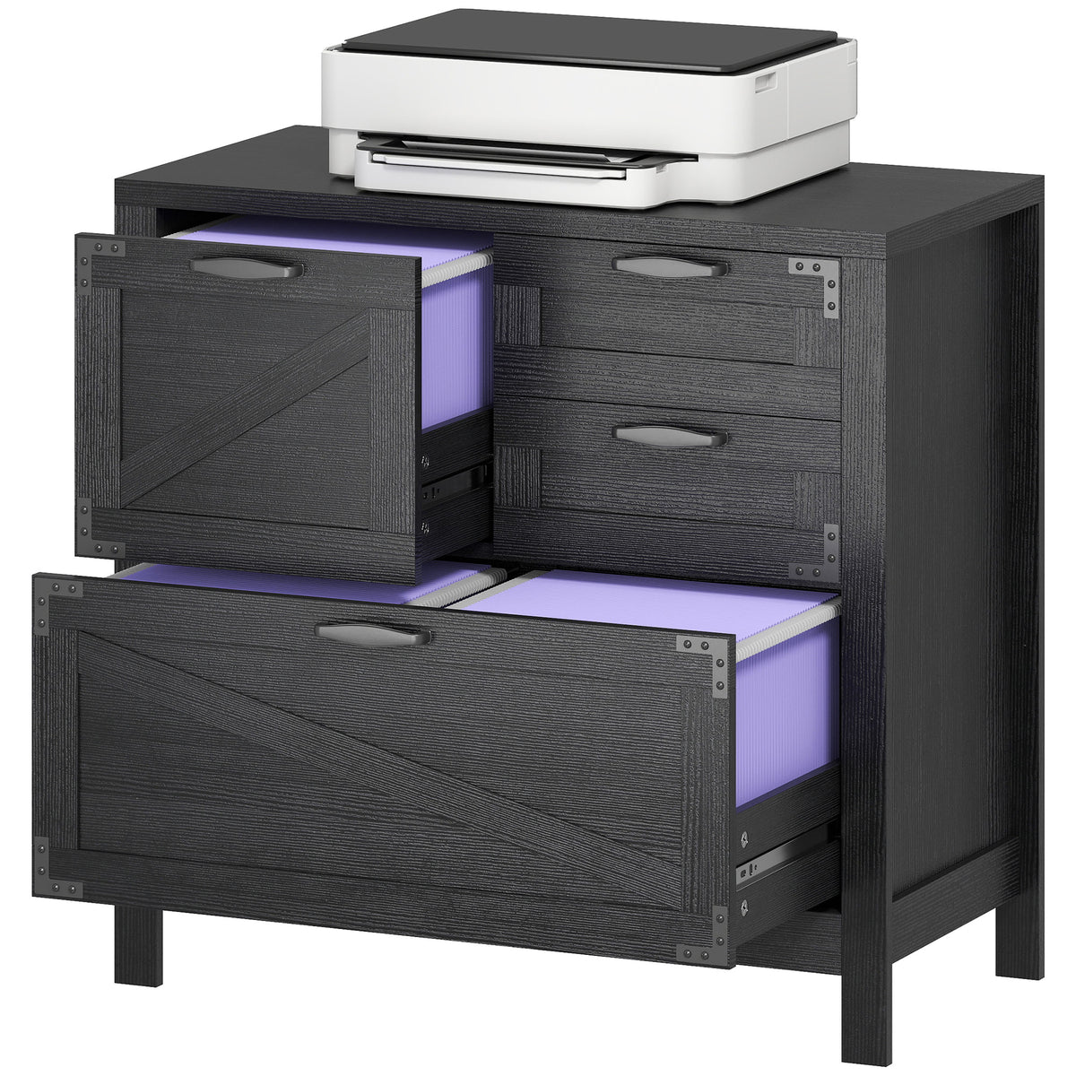 Farmhouse Lateral Filing Cabinet - 4 Drawers Black Wood Grain-Office Storage Cabinets-DECOROLALA