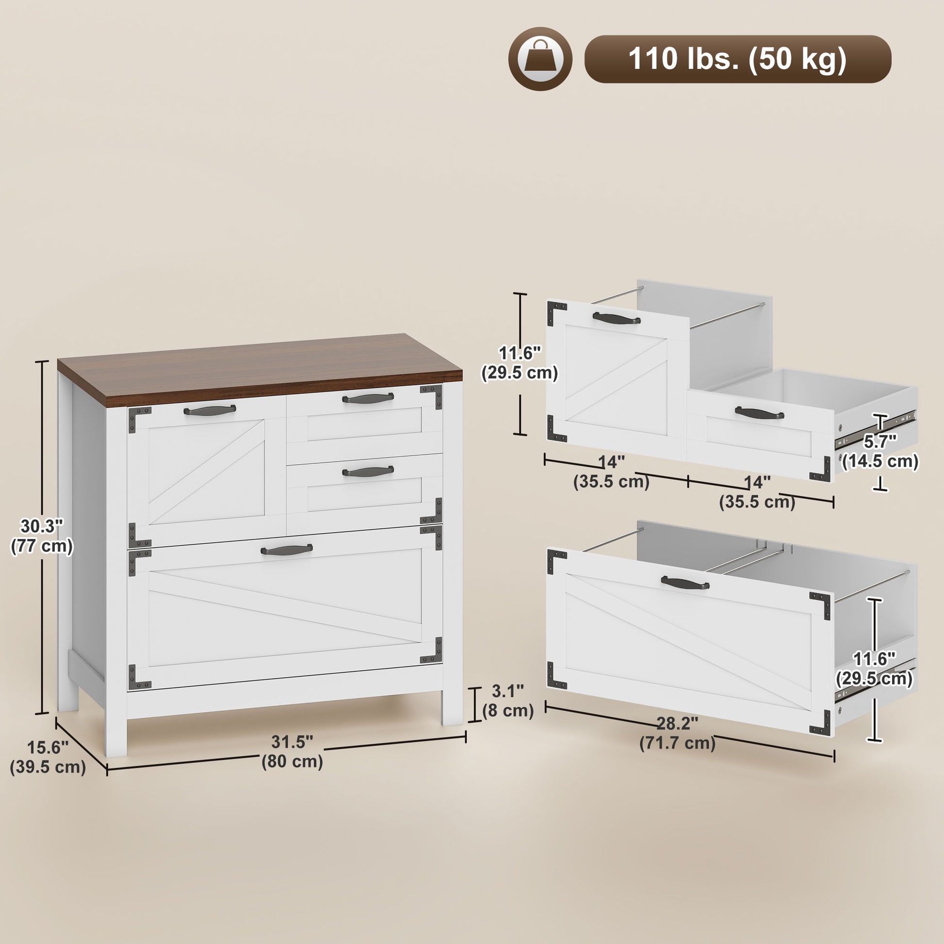 Farmhouse Lateral Filing Cabinet - 4 Drawers, White-DECOROLALA