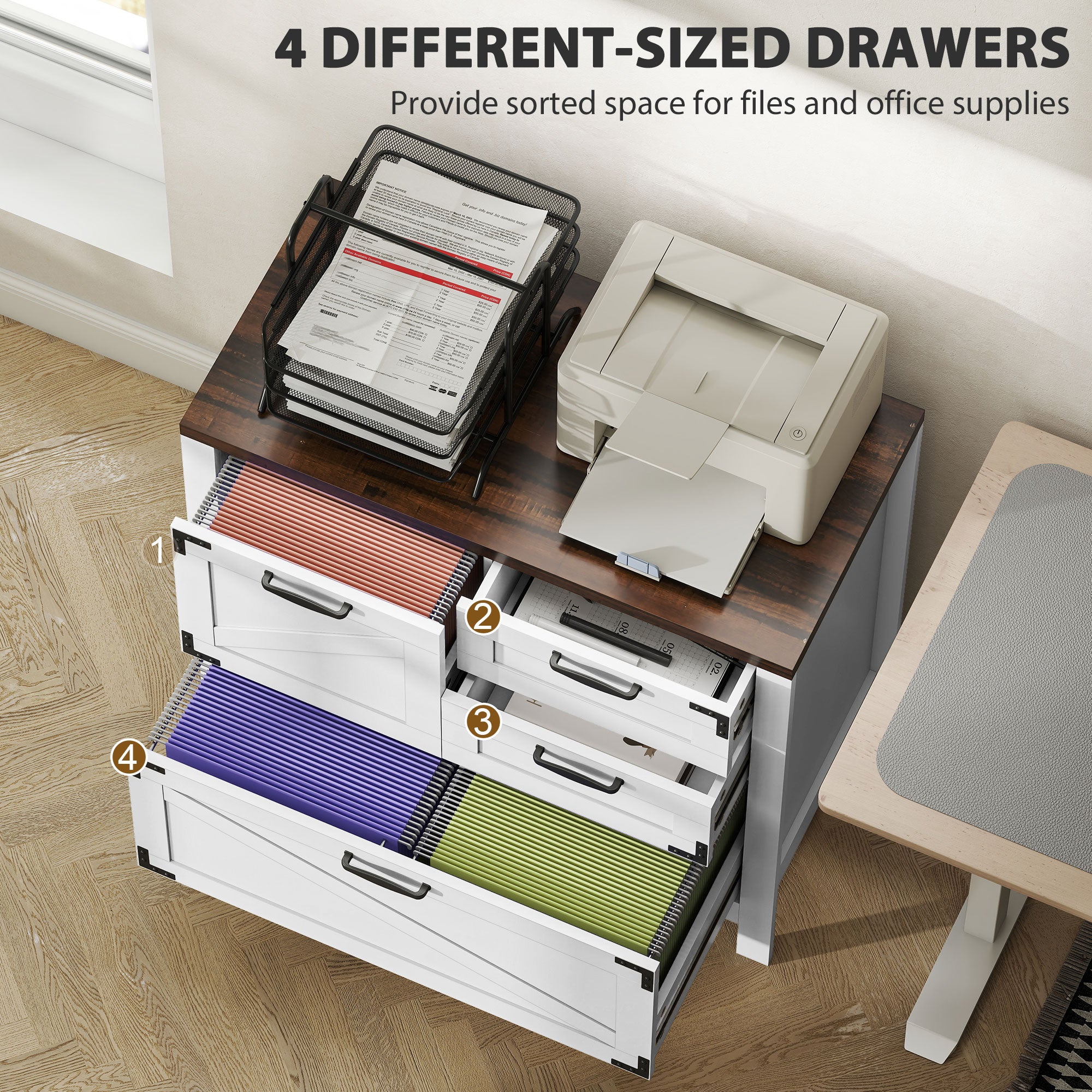 Farmhouse Lateral Filing Cabinet - 4 Drawers, White-DECOROLALA