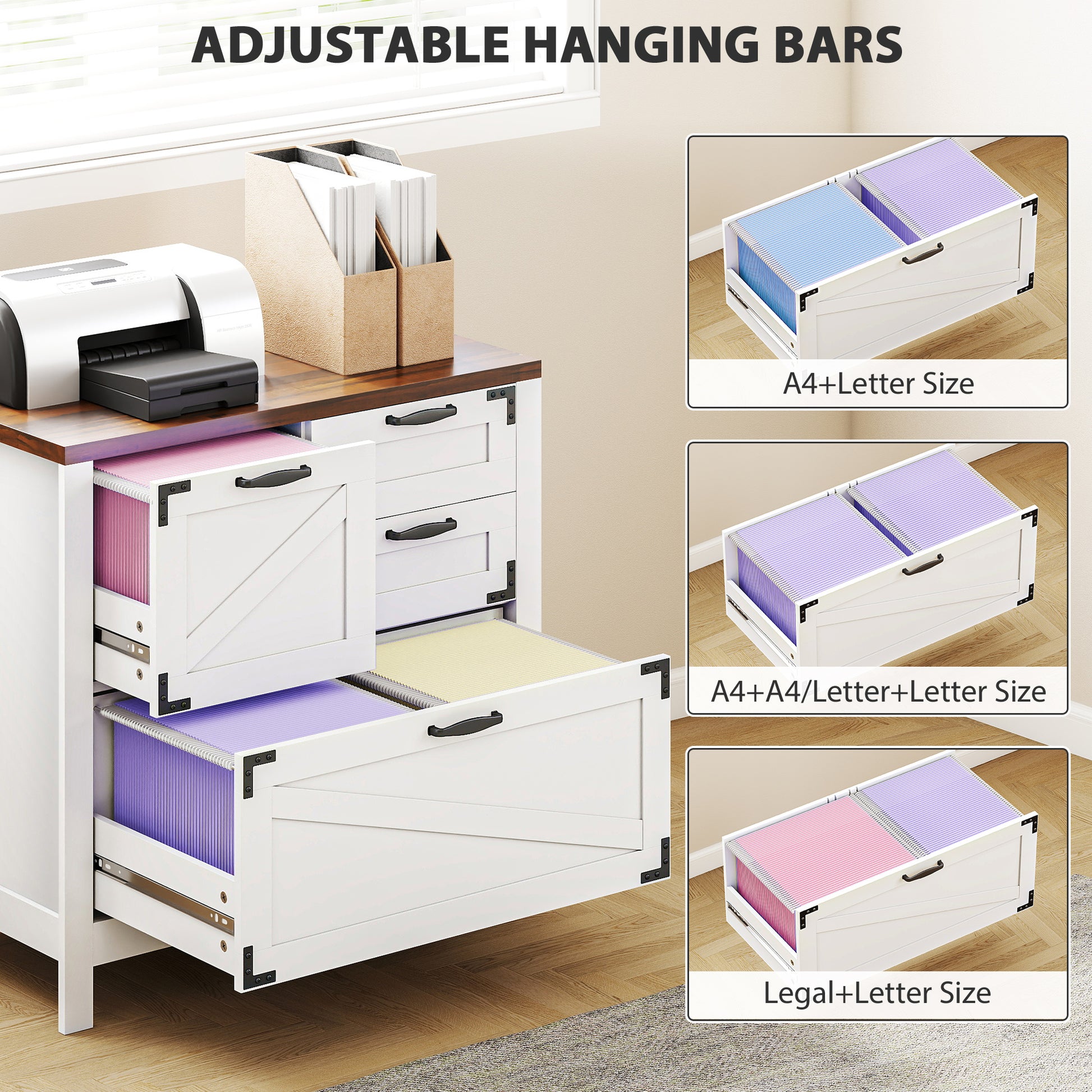 Farmhouse Lateral Filing Cabinet - 4 Drawers, White-DECOROLALA