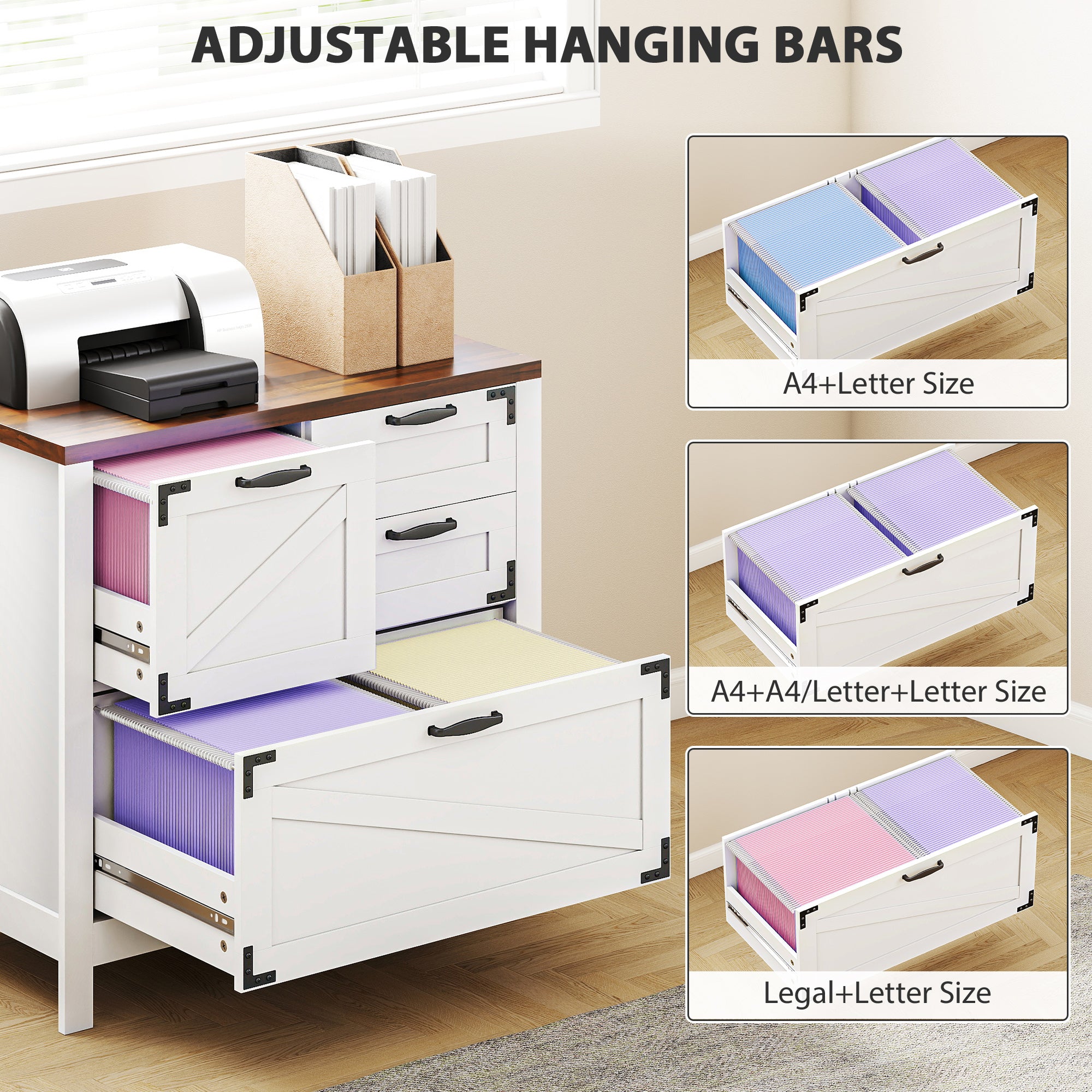 Farmhouse Lateral Filing Cabinet - 4 Drawers, White-DECOROLALA