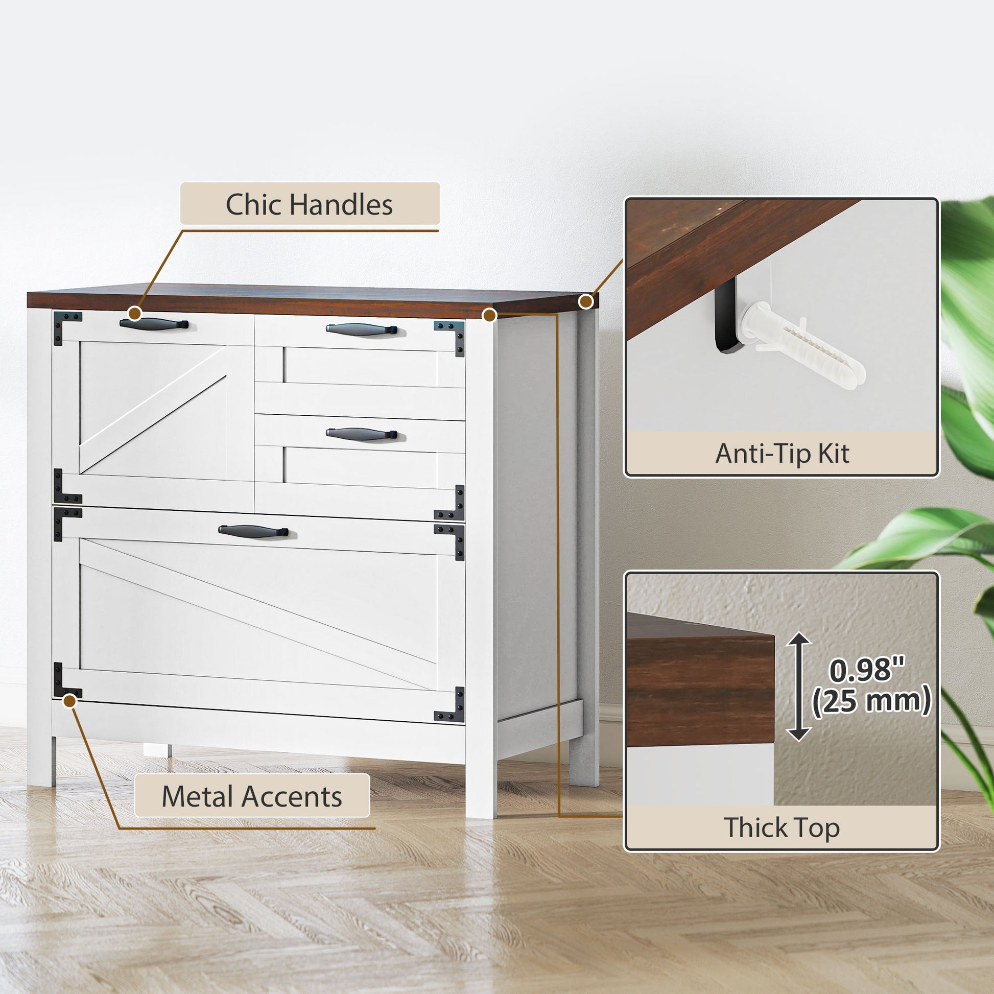 Farmhouse Lateral Filing Cabinet - 4 Drawers, White-DECOROLALA