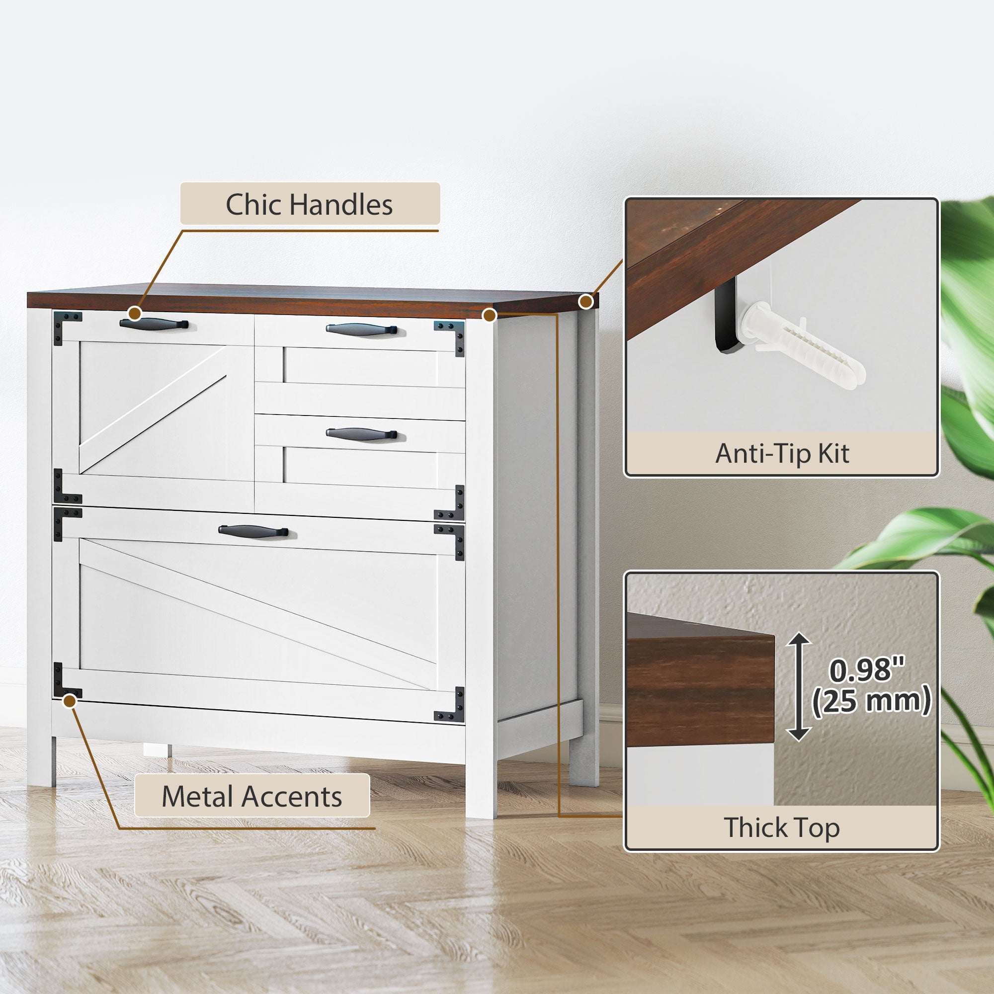 Farmhouse Lateral Filing Cabinet - 4 Drawers, White-DECOROLALA