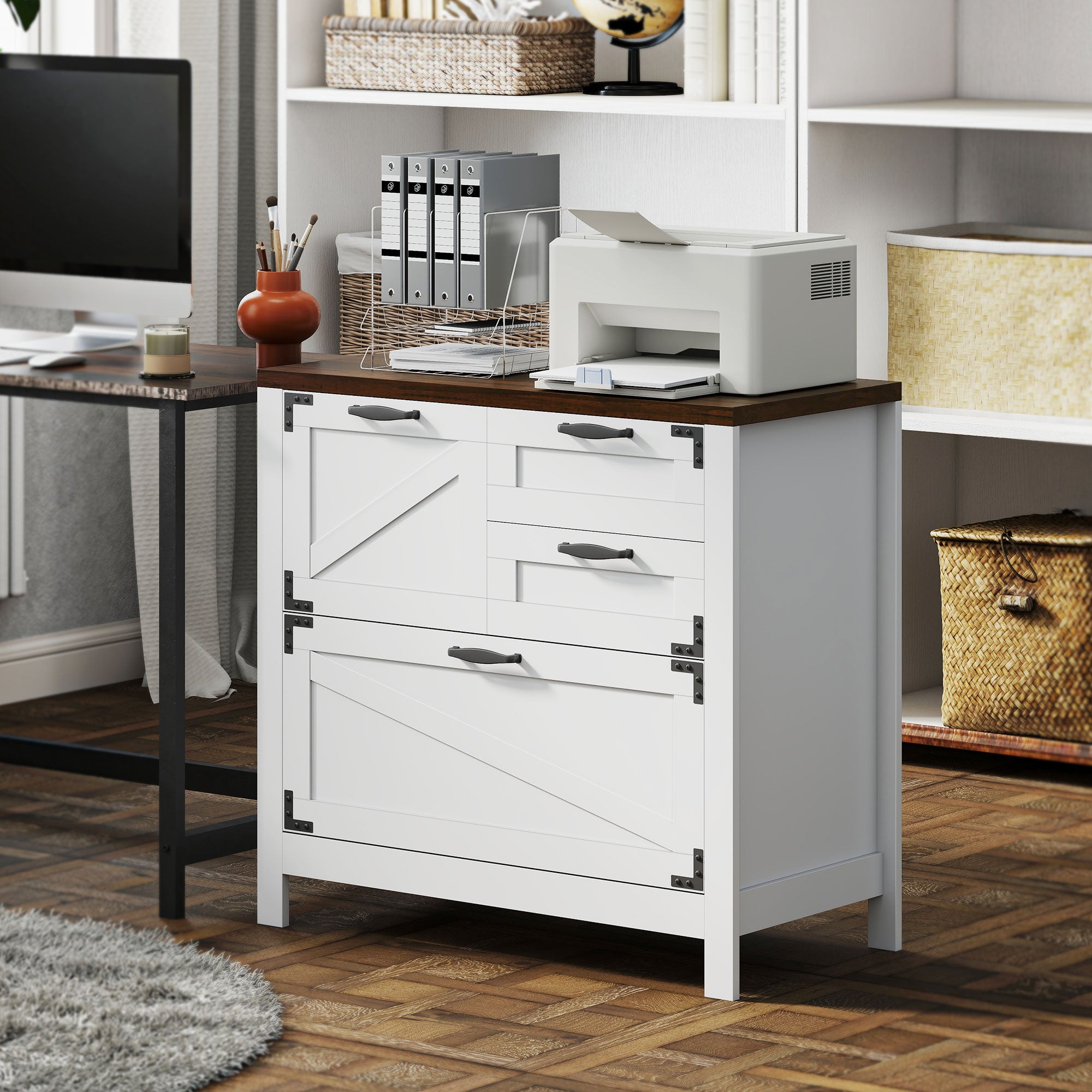Farmhouse Lateral Filing Cabinet - 4 Drawers, White-DECOROLALA