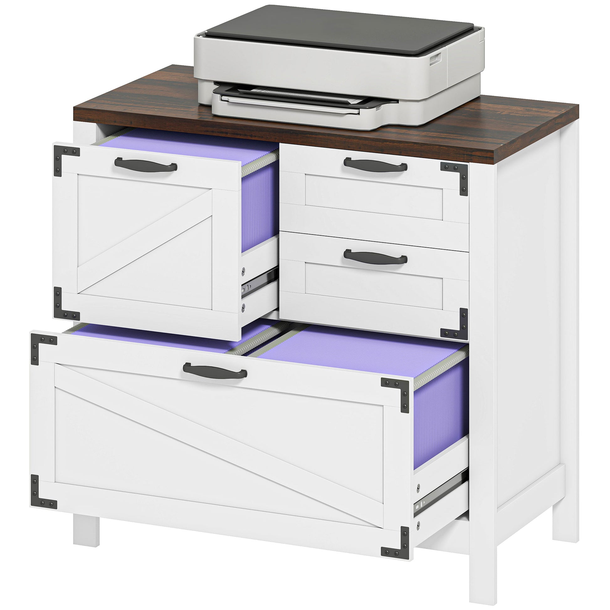 Farmhouse Lateral Filing Cabinet - 4 Drawers, White-DECOROLALA