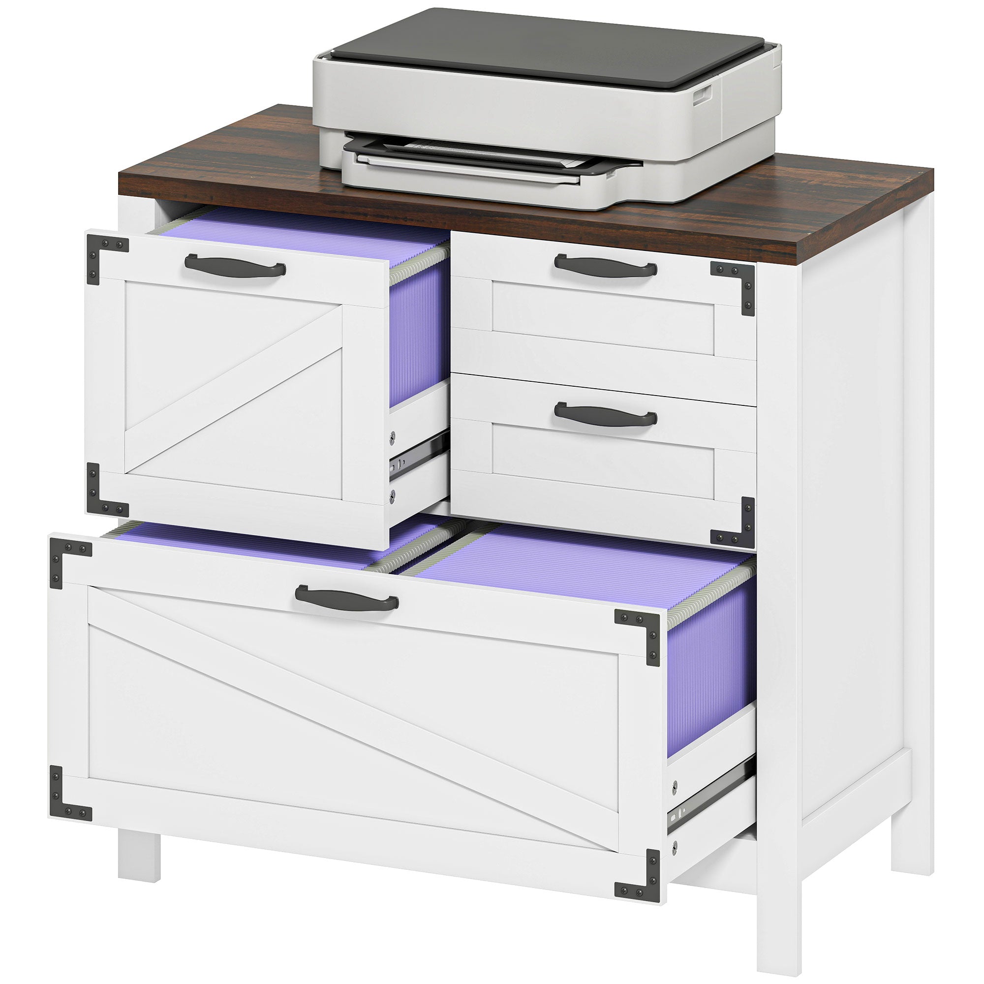 Farmhouse Lateral Filing Cabinet - 4 Drawers, White-DECOROLALA