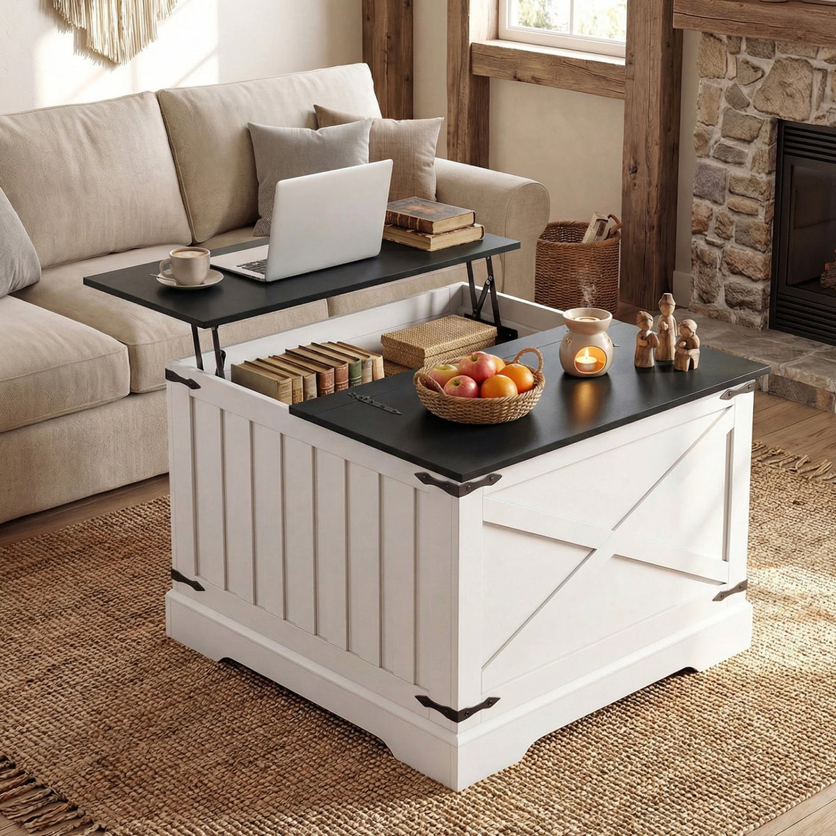Farmhouse Lift Top Coffee Table with Hidden Storage Compartment-Black-Coffee Tables-DECOROLALA