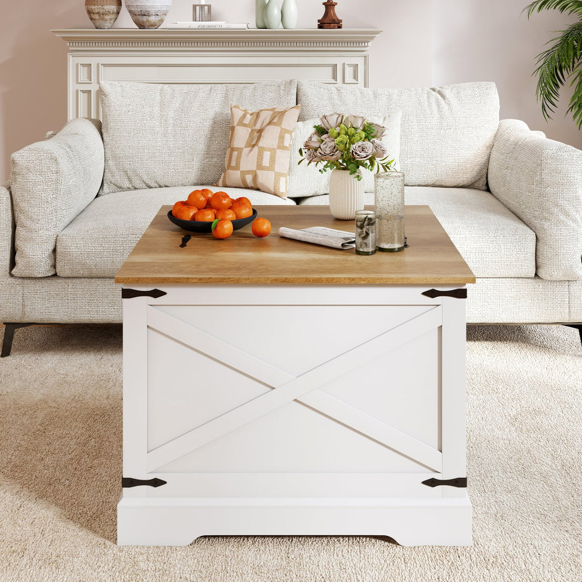 Farmhouse Lift Top Coffee Table with Hidden Storage Compartment-Brown-Coffee Tables-DECOROLALA