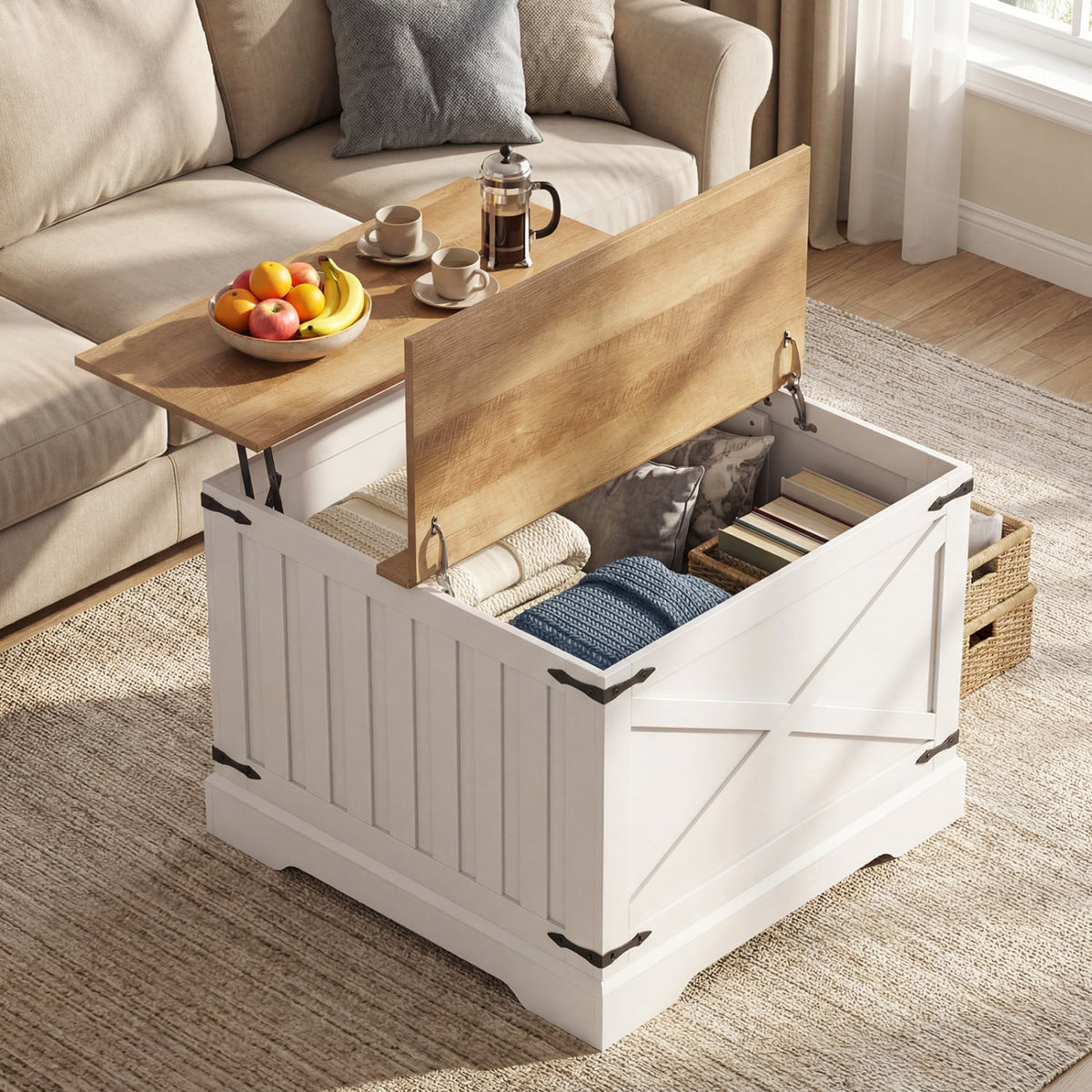 Farmhouse Lift Top Coffee Table with Hidden Storage Compartment-Brown-Coffee Tables-DECOROLALA