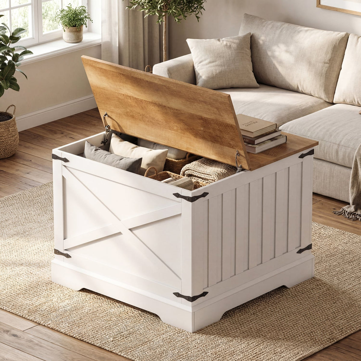 Farmhouse Lift Top Coffee Table with Hidden Storage Compartment-Brown-Coffee Tables-DECOROLALA