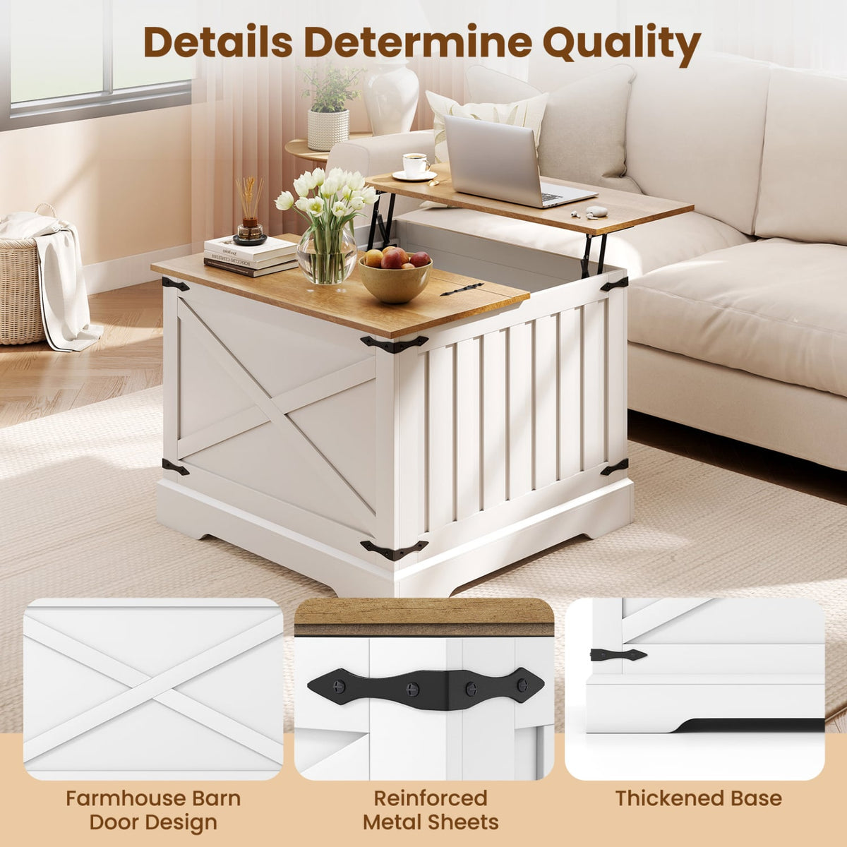 Farmhouse Lift Top Coffee Table with Hidden Storage Compartment-Brown-Coffee Tables-DECOROLALA
