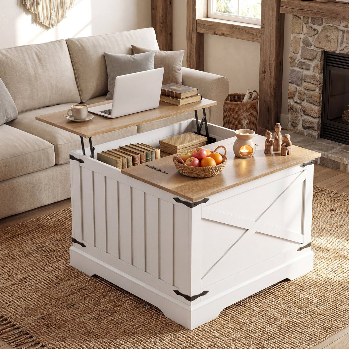 Farmhouse Lift Top Coffee Table with Hidden Storage Compartment-Brown-Coffee Tables-DECOROLALA
