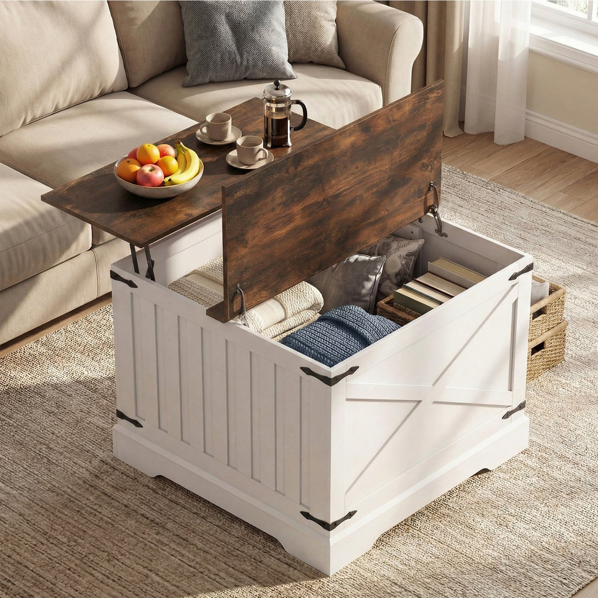 Farmhouse Lift Top Coffee Table with Hidden Storage Compartment-Rustic Brown-Coffee Tables-DECOROLALA