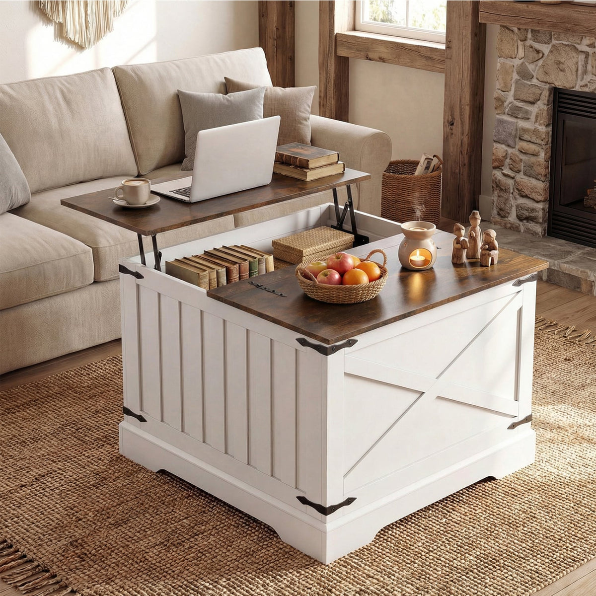 Farmhouse Lift Top Coffee Table with Hidden Storage Compartment-Rustic Brown-Coffee Tables-DECOROLALA