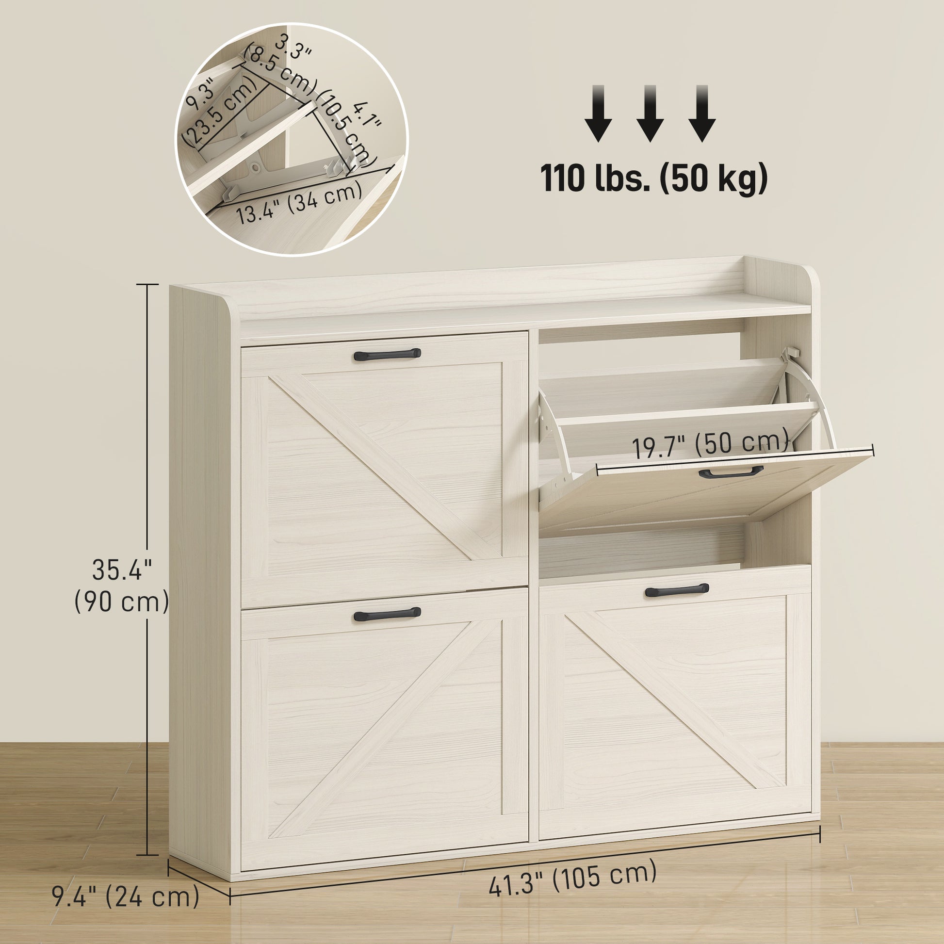 Farmhouse Narrow Shoe Cabinet - 16 Pair White Oak-DECOROLALA
