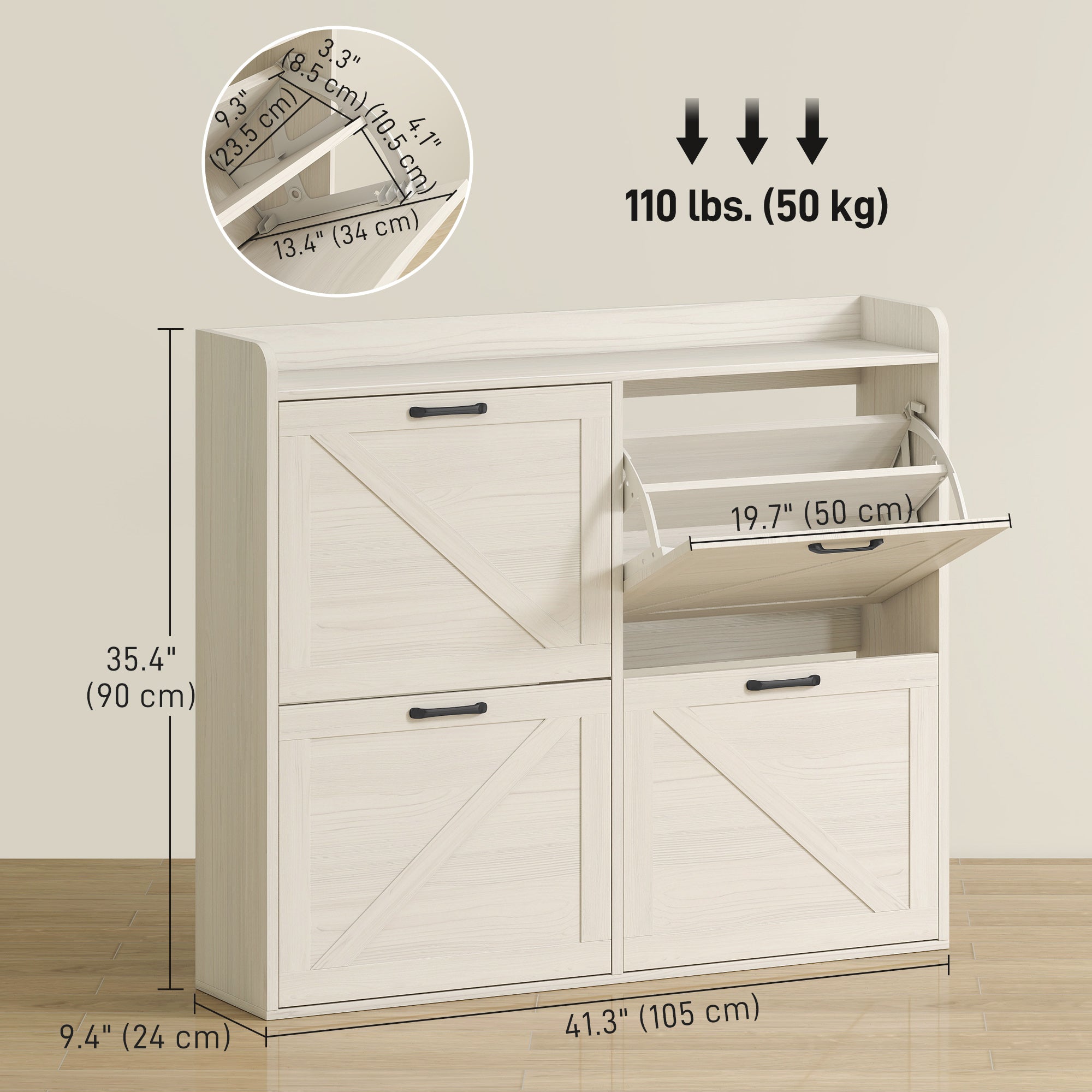 Farmhouse Narrow Shoe Cabinet - 16 Pair White Oak-DECOROLALA