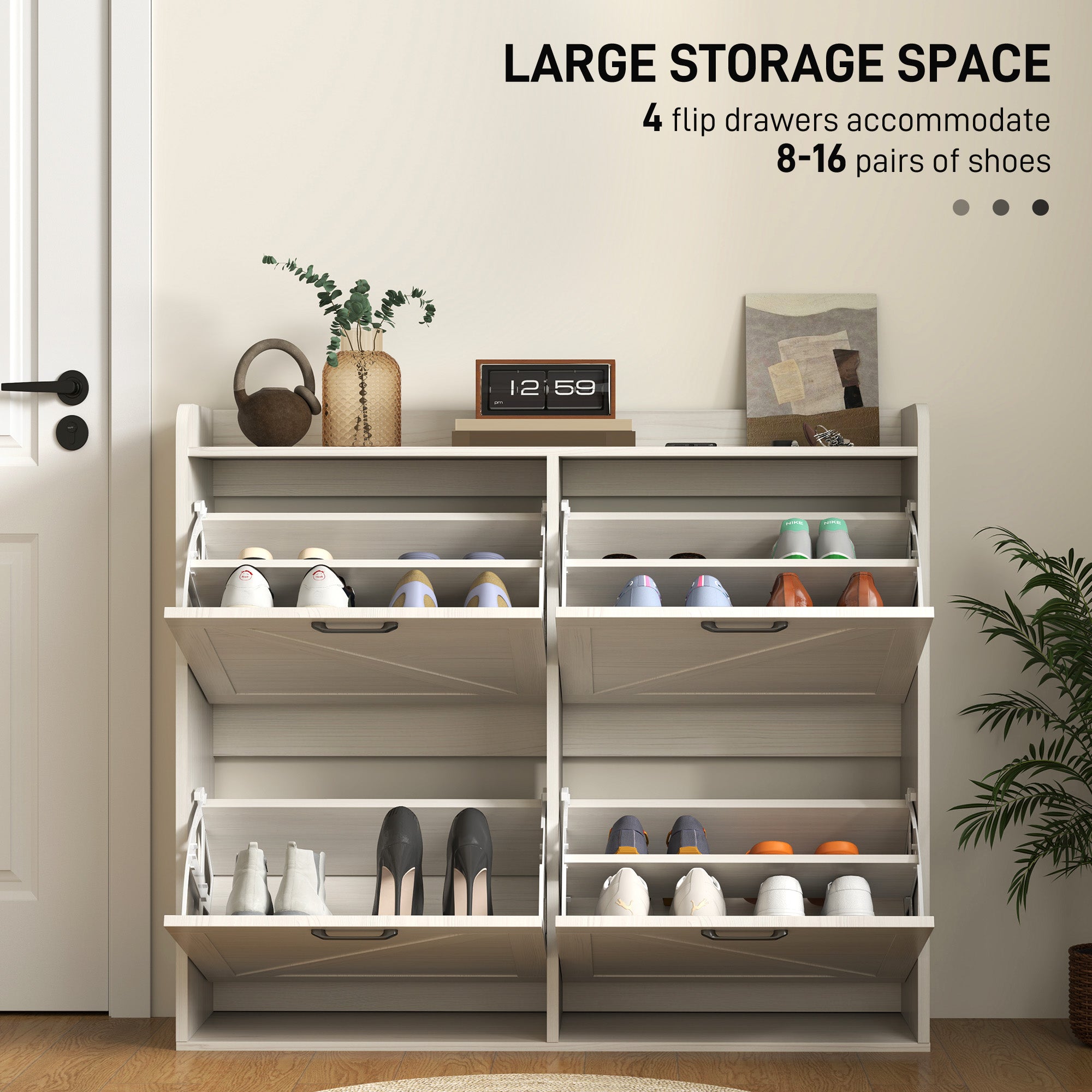 Farmhouse Narrow Shoe Cabinet - 16 Pair White Oak-DECOROLALA