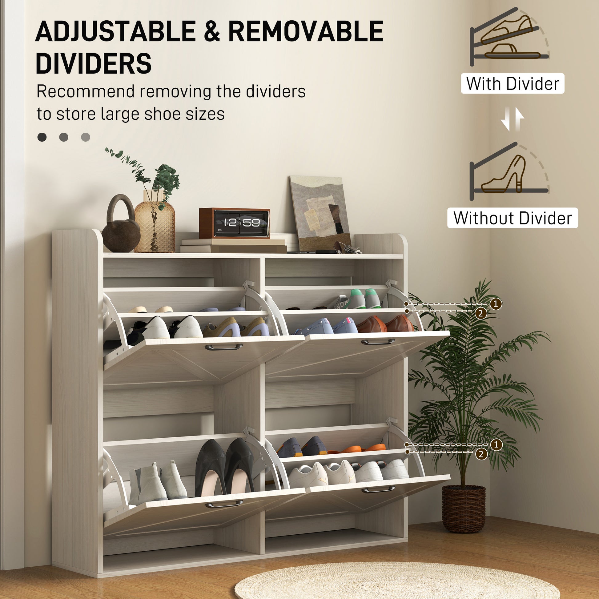 Farmhouse Narrow Shoe Cabinet - 16 Pair White Oak-DECOROLALA