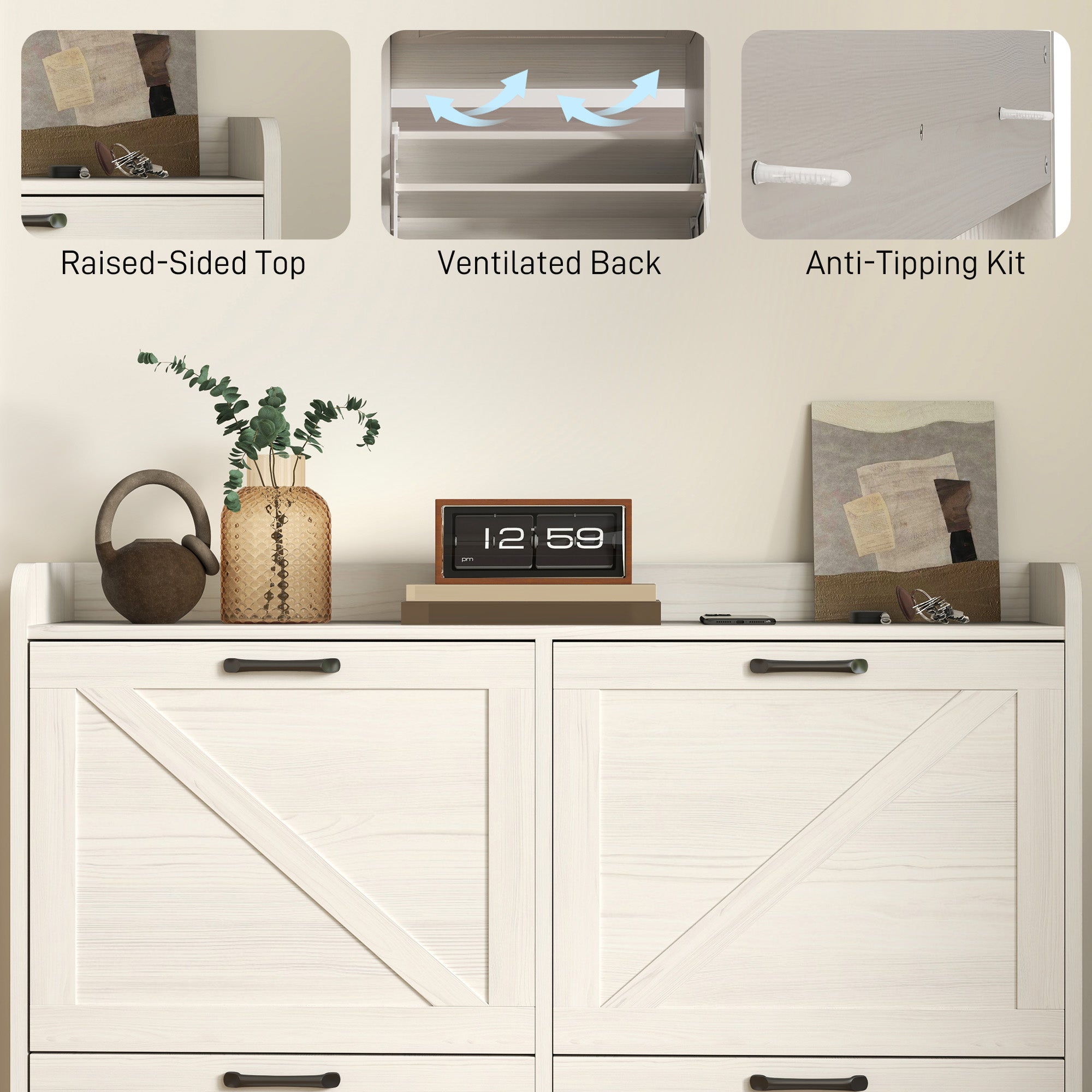 Farmhouse Narrow Shoe Cabinet - 16 Pair White Oak-DECOROLALA