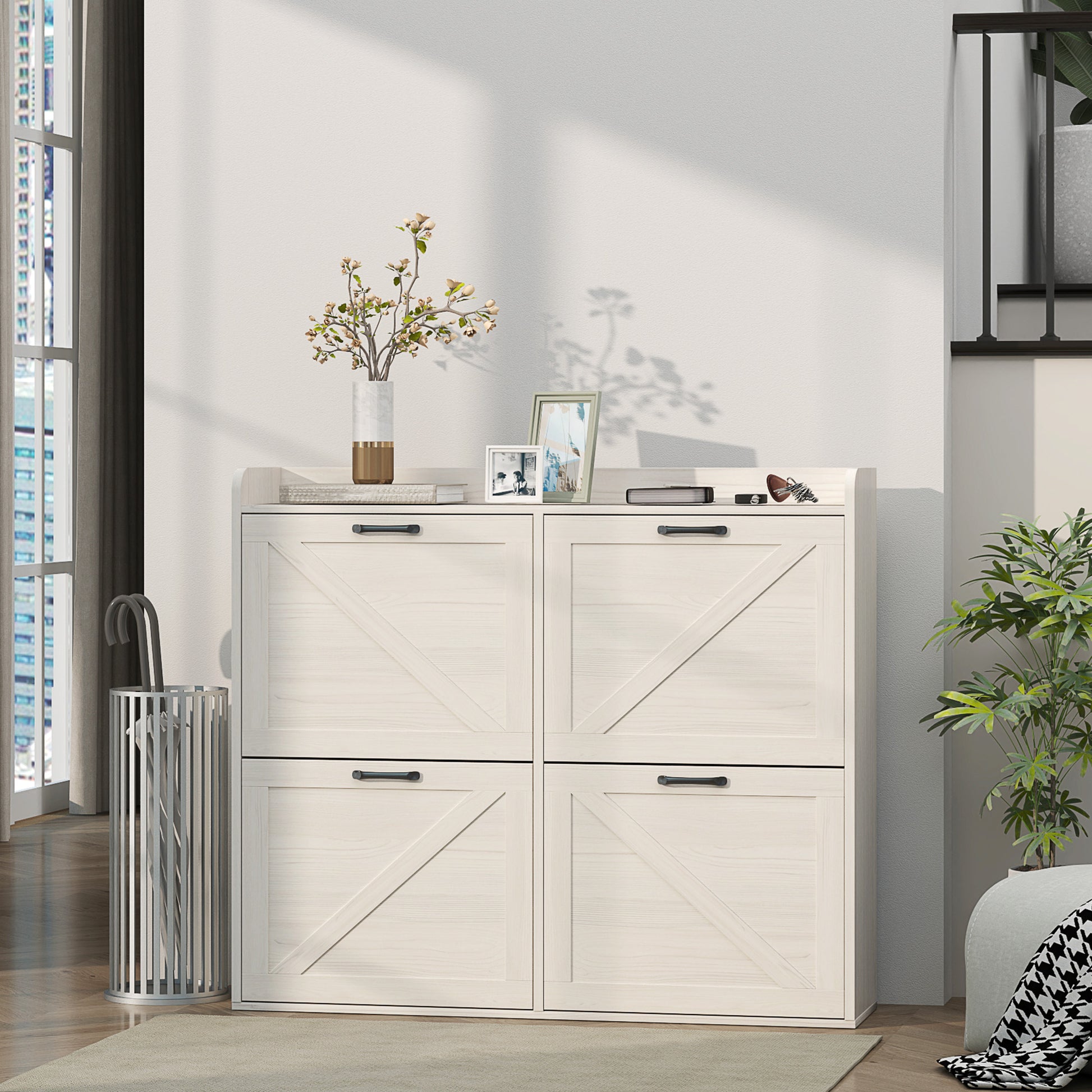 Farmhouse Narrow Shoe Cabinet - 16 Pair White Oak-DECOROLALA