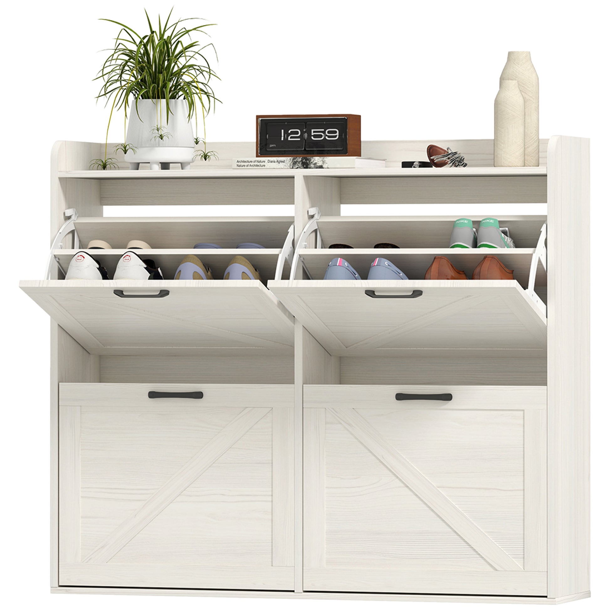 Farmhouse Narrow Shoe Cabinet - 16 Pair White Oak-DECOROLALA