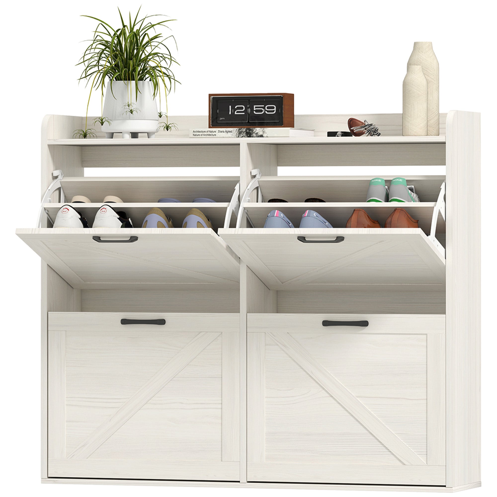 Farmhouse Narrow Shoe Cabinet - 16 Pair White Oak-DECOROLALA
