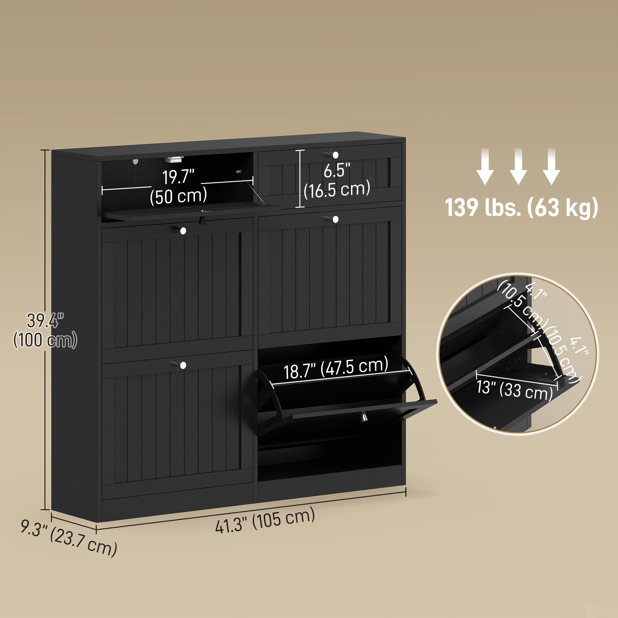 Farmhouse Narrow Shoe Cabinet - 2 Flip Drawers Black-DECOROLALA