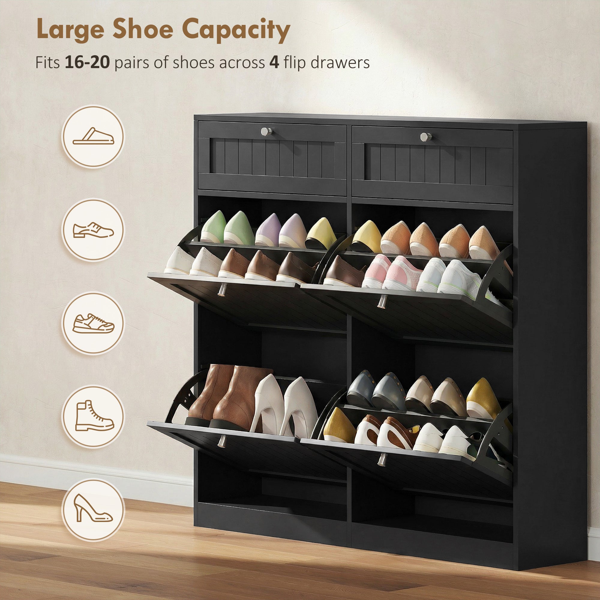 Farmhouse Narrow Shoe Cabinet - 2 Flip Drawers Black-DECOROLALA