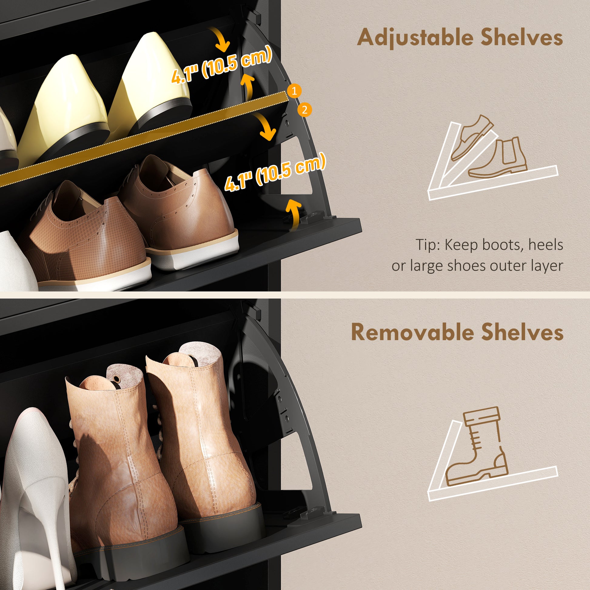 Farmhouse Narrow Shoe Cabinet - 2 Flip Drawers Black-DECOROLALA