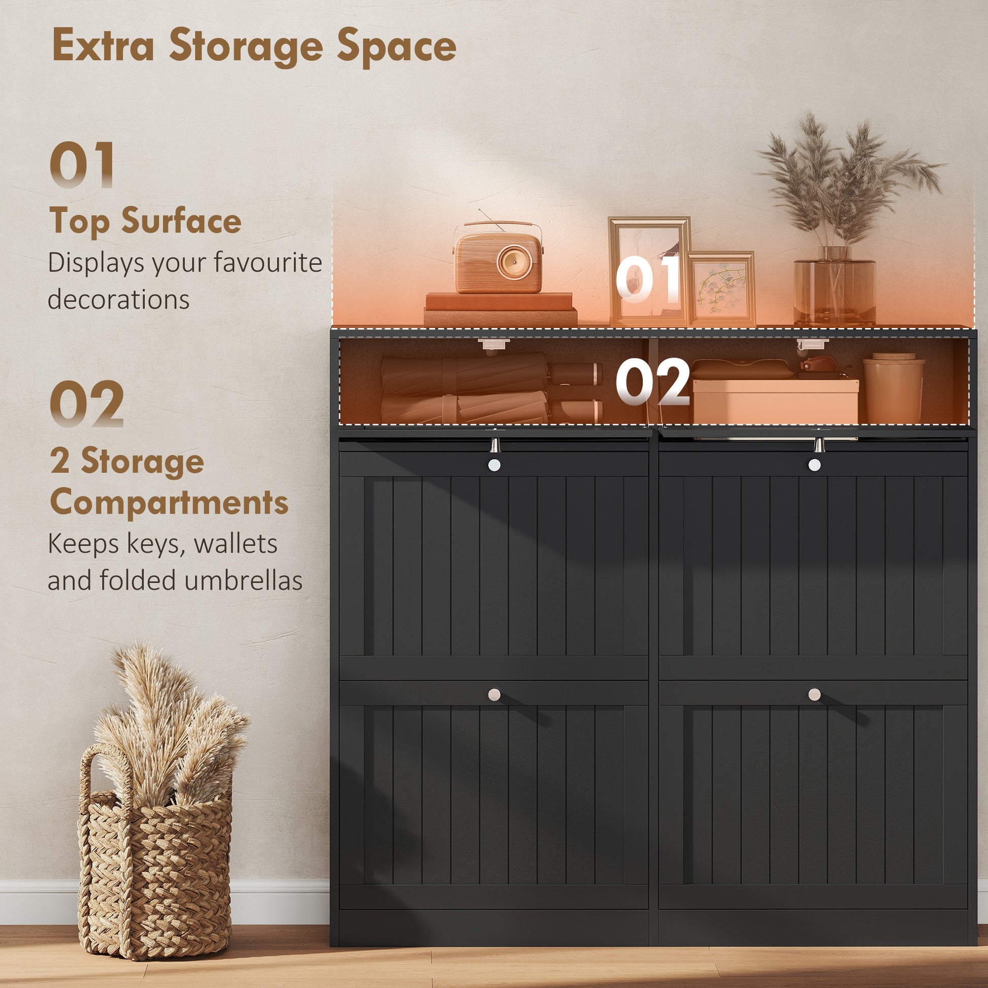 Farmhouse Narrow Shoe Cabinet - 2 Flip Drawers Black-DECOROLALA