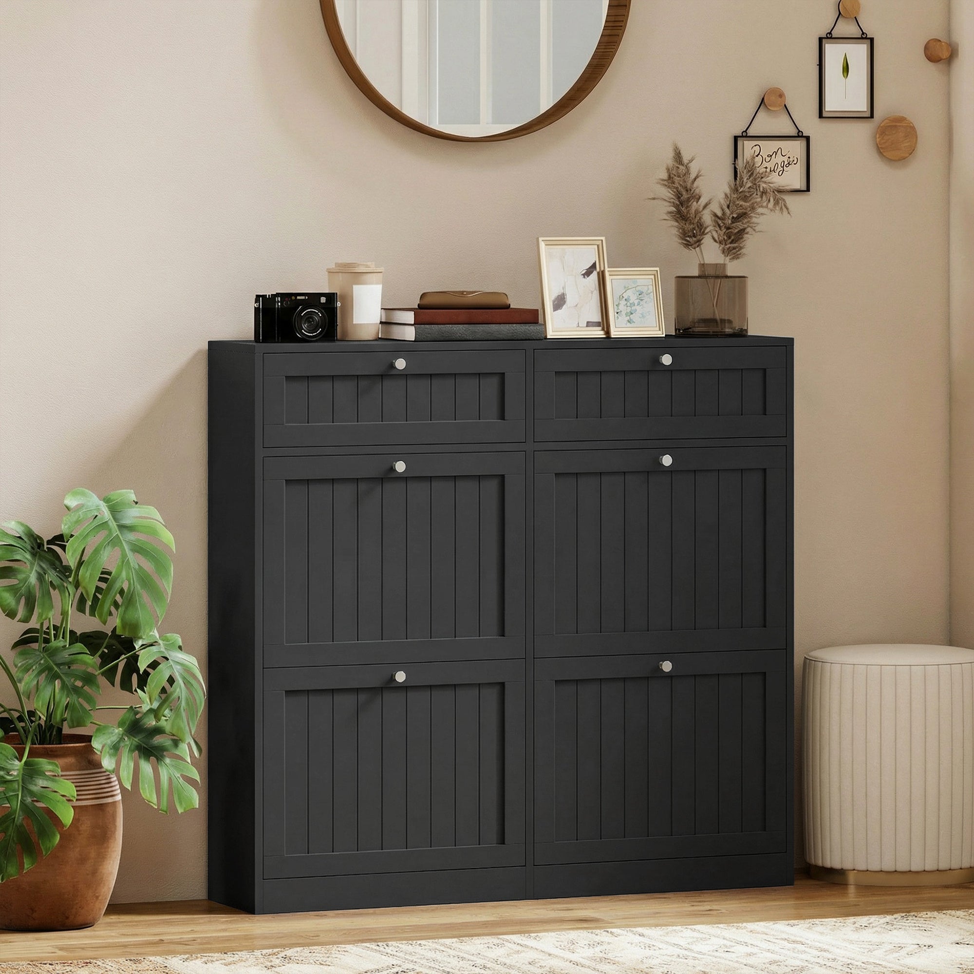 Farmhouse Narrow Shoe Cabinet - 2 Flip Drawers Black-DECOROLALA
