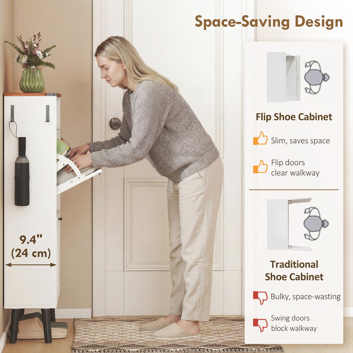 Farmhouse Narrow Shoe Cabinet - 2 Flip Drawers, White 31.5" W-Home Furnishings > Storage & Organization > Shoe Storage Cabinets & Racks-DECOROLALA
