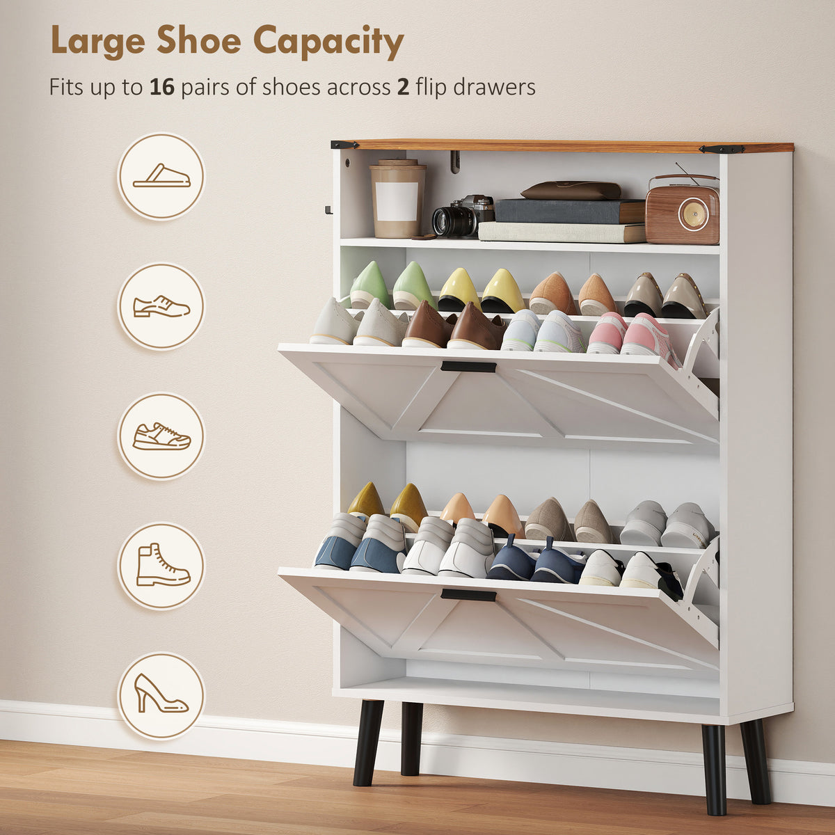 Farmhouse Narrow Shoe Cabinet - 2 Flip Drawers, White 31.5" W-Home Furnishings > Storage & Organization > Shoe Storage Cabinets & Racks-DECOROLALA