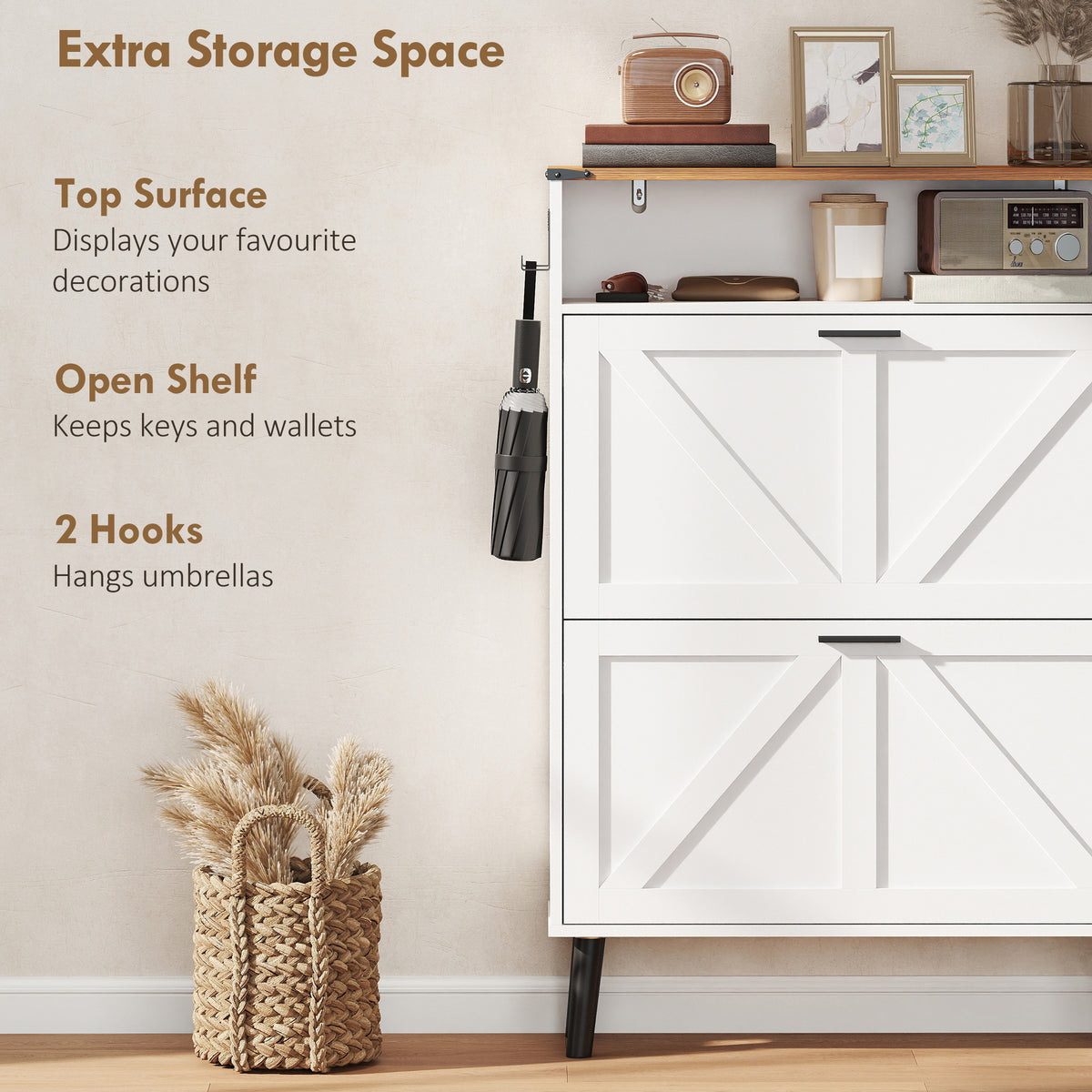Farmhouse Narrow Shoe Cabinet - 2 Flip Drawers, White 31.5" W-Home Furnishings > Storage & Organization > Shoe Storage Cabinets & Racks-DECOROLALA