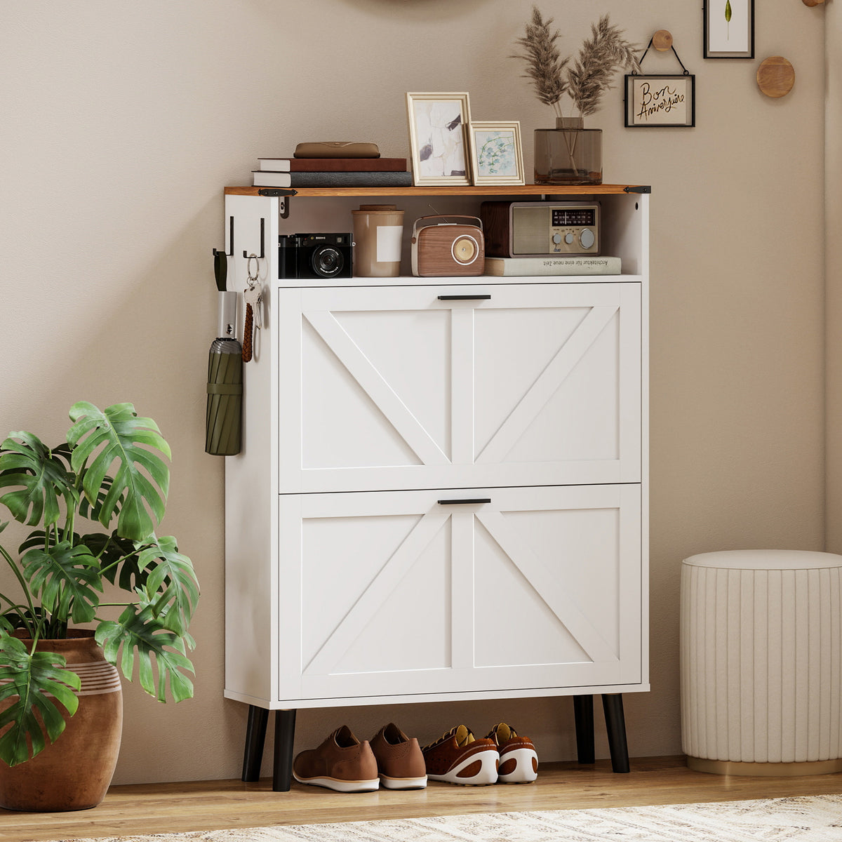 Farmhouse Narrow Shoe Cabinet - 2 Flip Drawers, White 31.5" W-Home Furnishings > Storage & Organization > Shoe Storage Cabinets & Racks-DECOROLALA