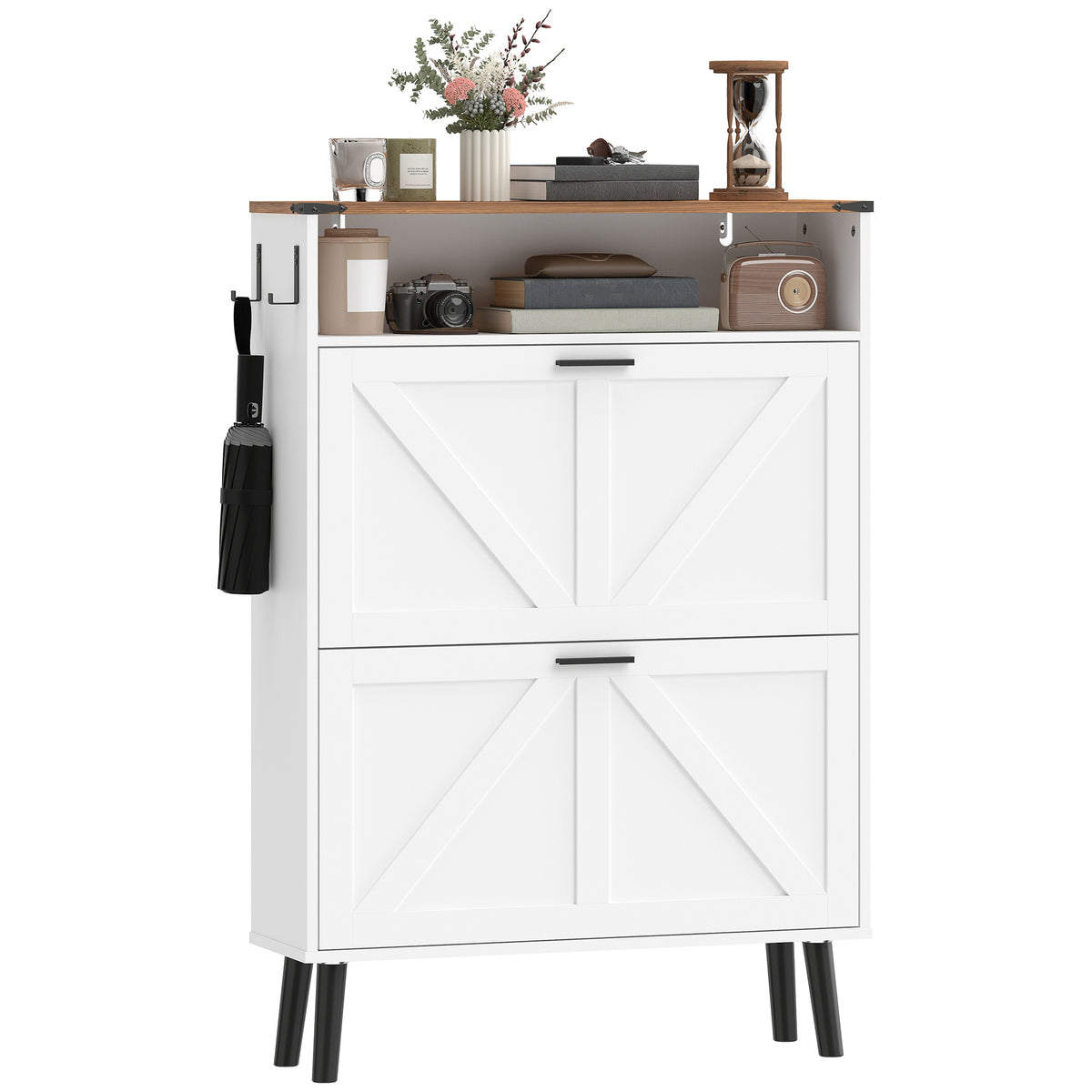 Farmhouse Narrow Shoe Cabinet - 2 Flip Drawers, White 31.5" W-Home Furnishings > Storage & Organization > Shoe Storage Cabinets & Racks-DECOROLALA